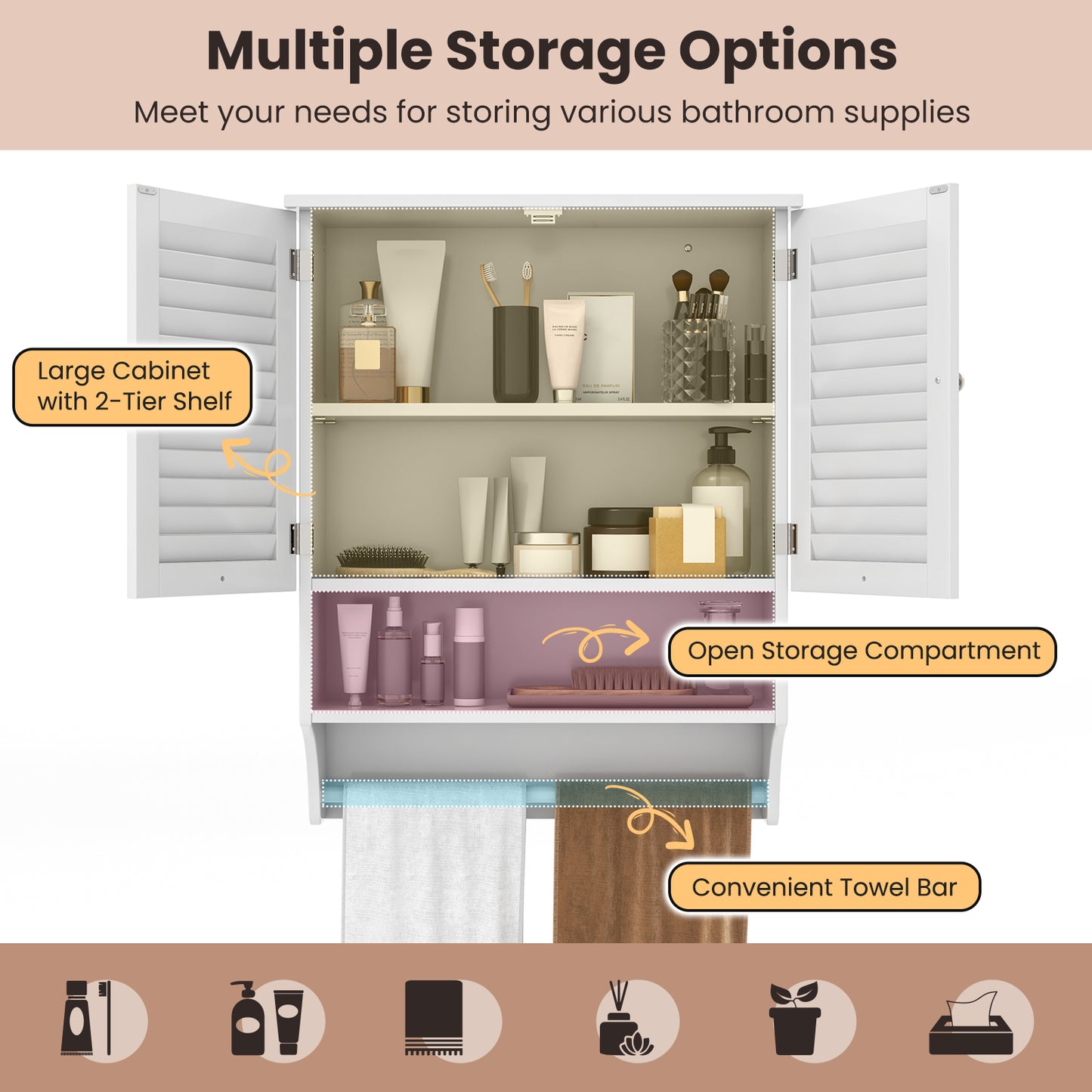 Wall-Mounted Bathroom Medicine Cabinet with 2 Doors, Adjustable Shelf & Towel Bar