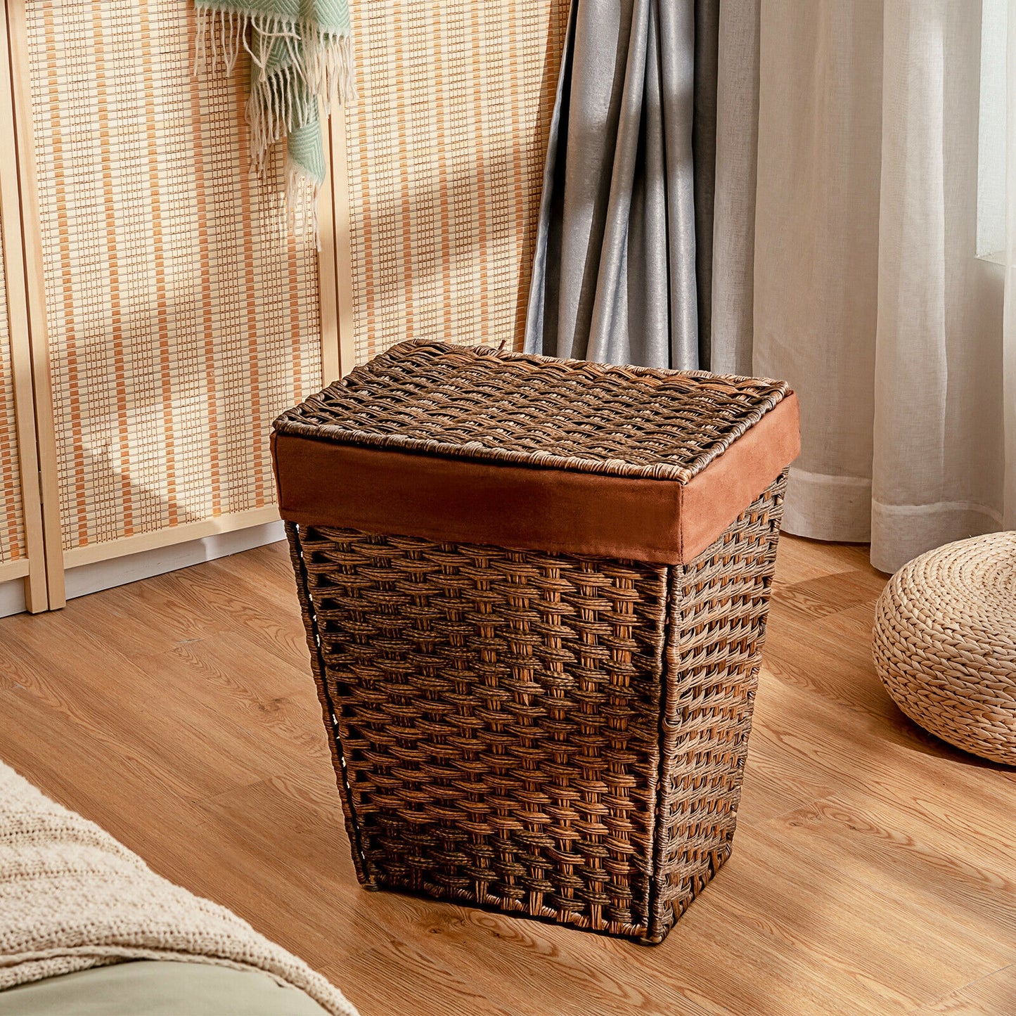 Sturdy Handwoven Laundry Hamper with Removable Liner, Flip Lid, and Non-Slip Design