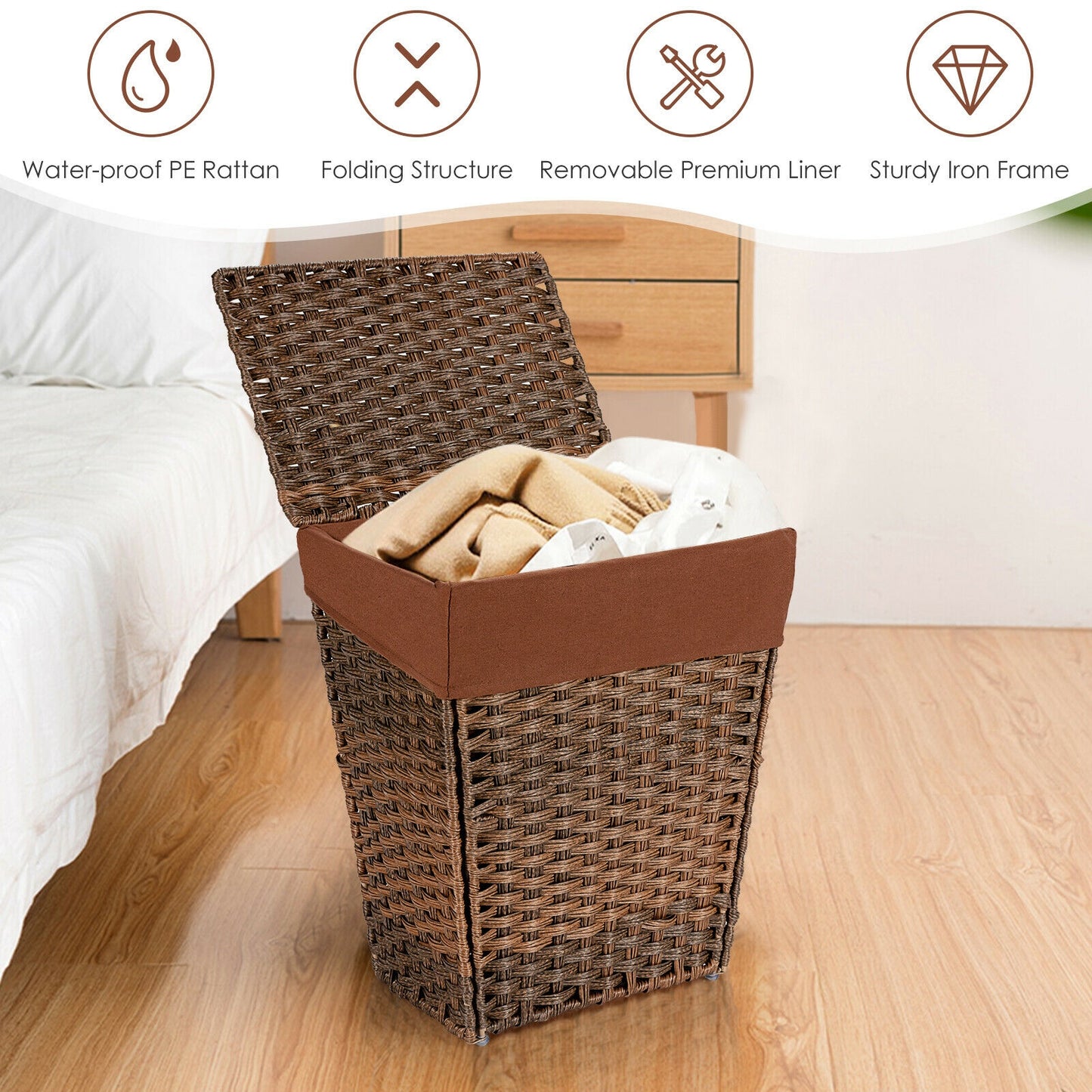 Sturdy Handwoven Laundry Hamper with Removable Liner, Flip Lid, and Non-Slip Design