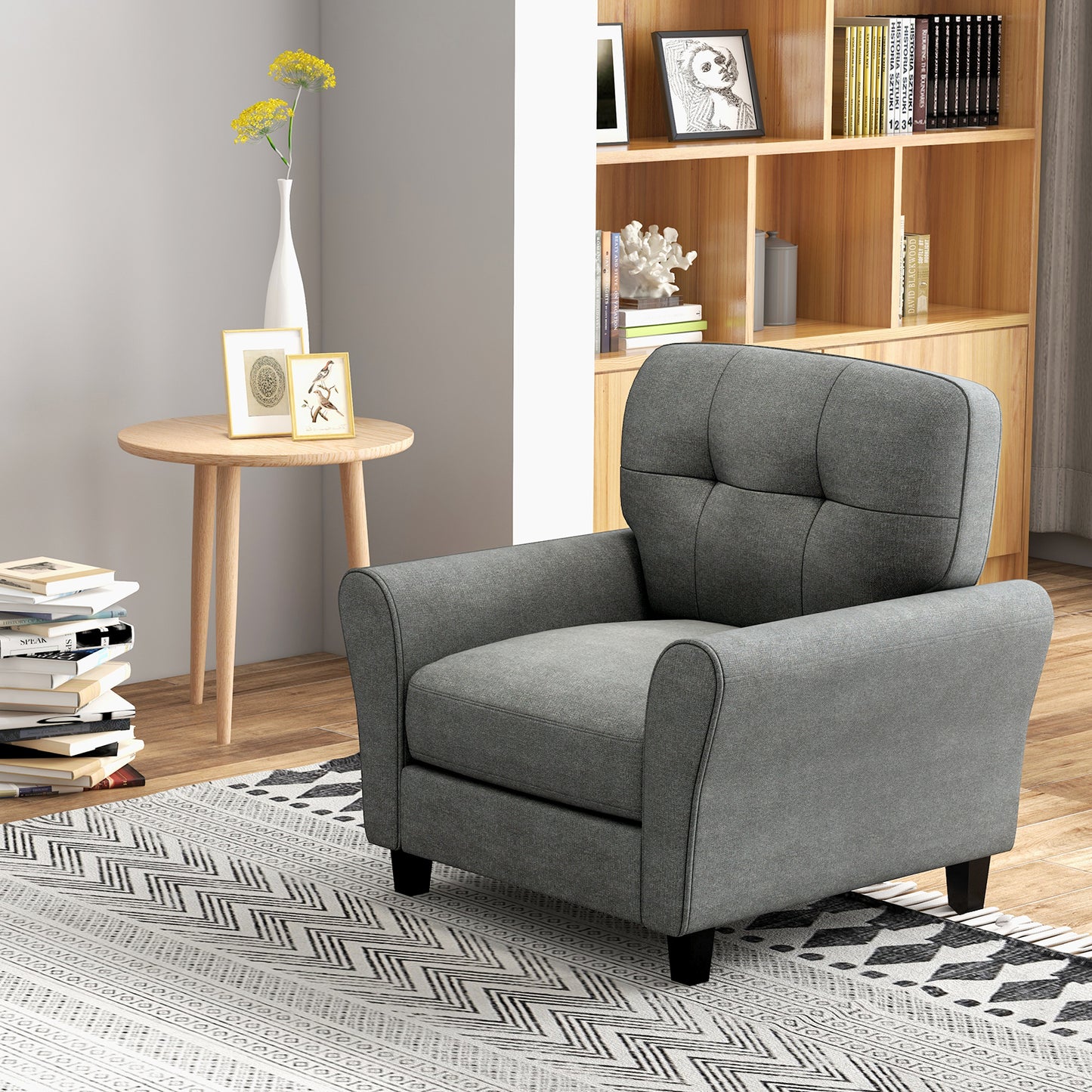 Comfortable Linen Upholstered Armchair with Rubber Wood Legs, Grey