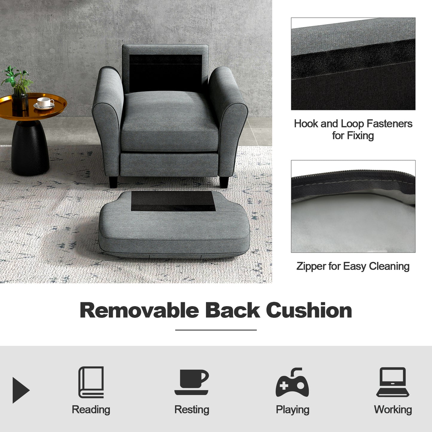 Comfortable Linen Upholstered Armchair with Rubber Wood Legs, Grey