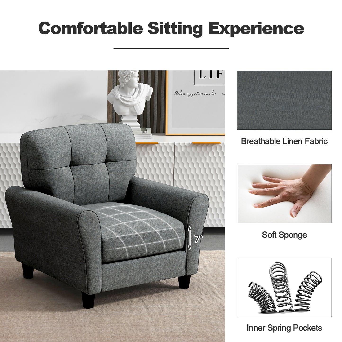 Comfortable Linen Upholstered Armchair with Rubber Wood Legs, Grey