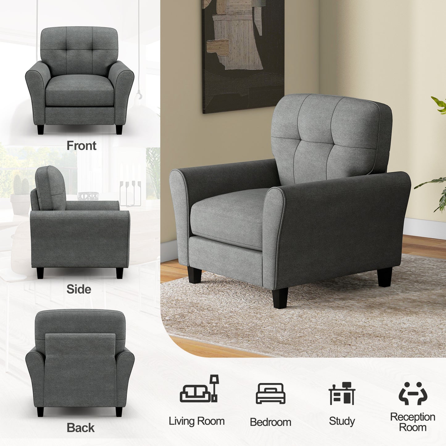 Comfortable Linen Upholstered Armchair with Rubber Wood Legs, Grey