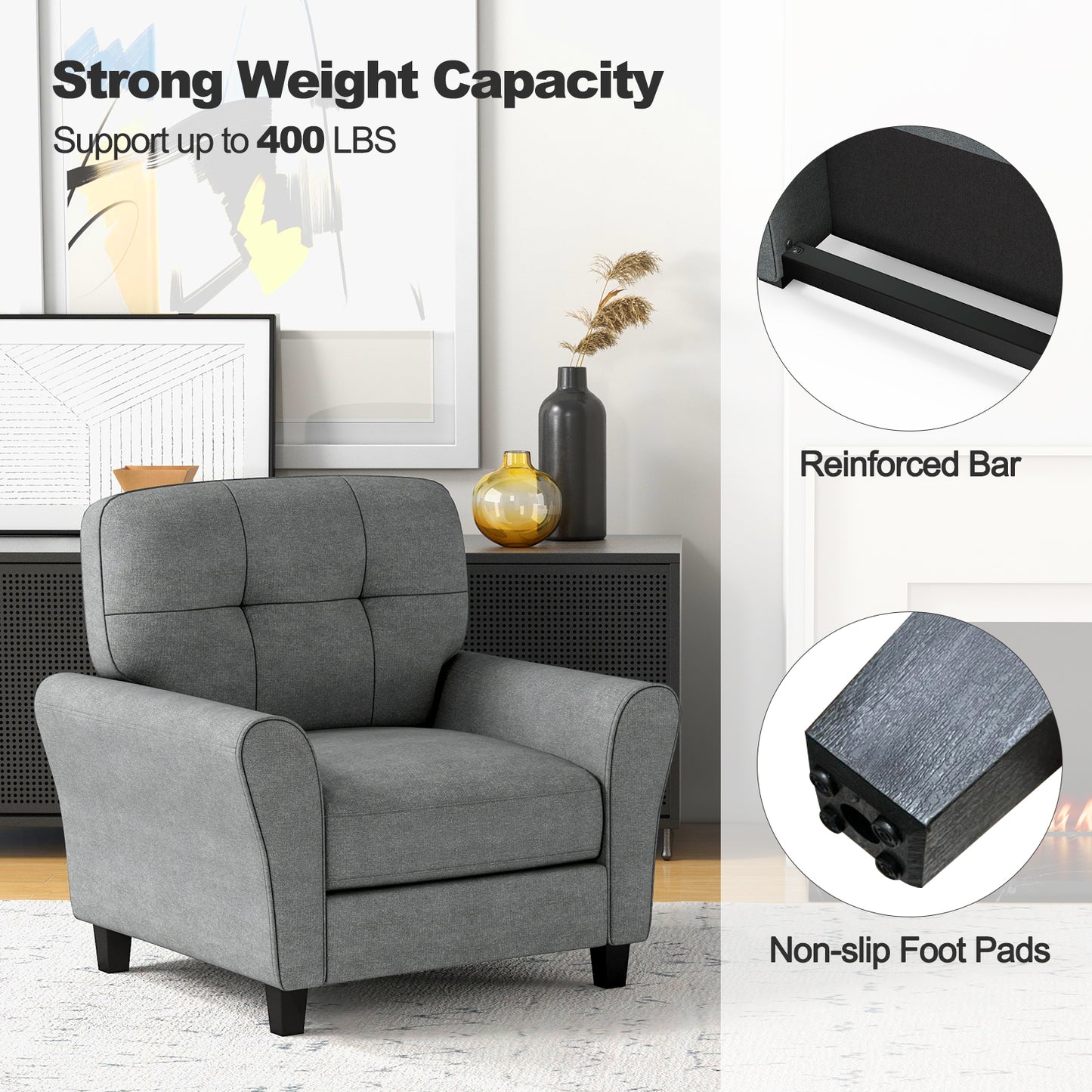Comfortable Linen Upholstered Armchair with Rubber Wood Legs, Grey