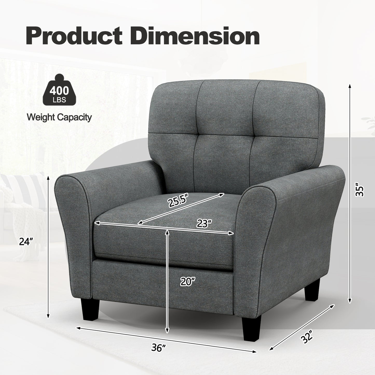 Comfortable Linen Upholstered Armchair with Rubber Wood Legs, Grey