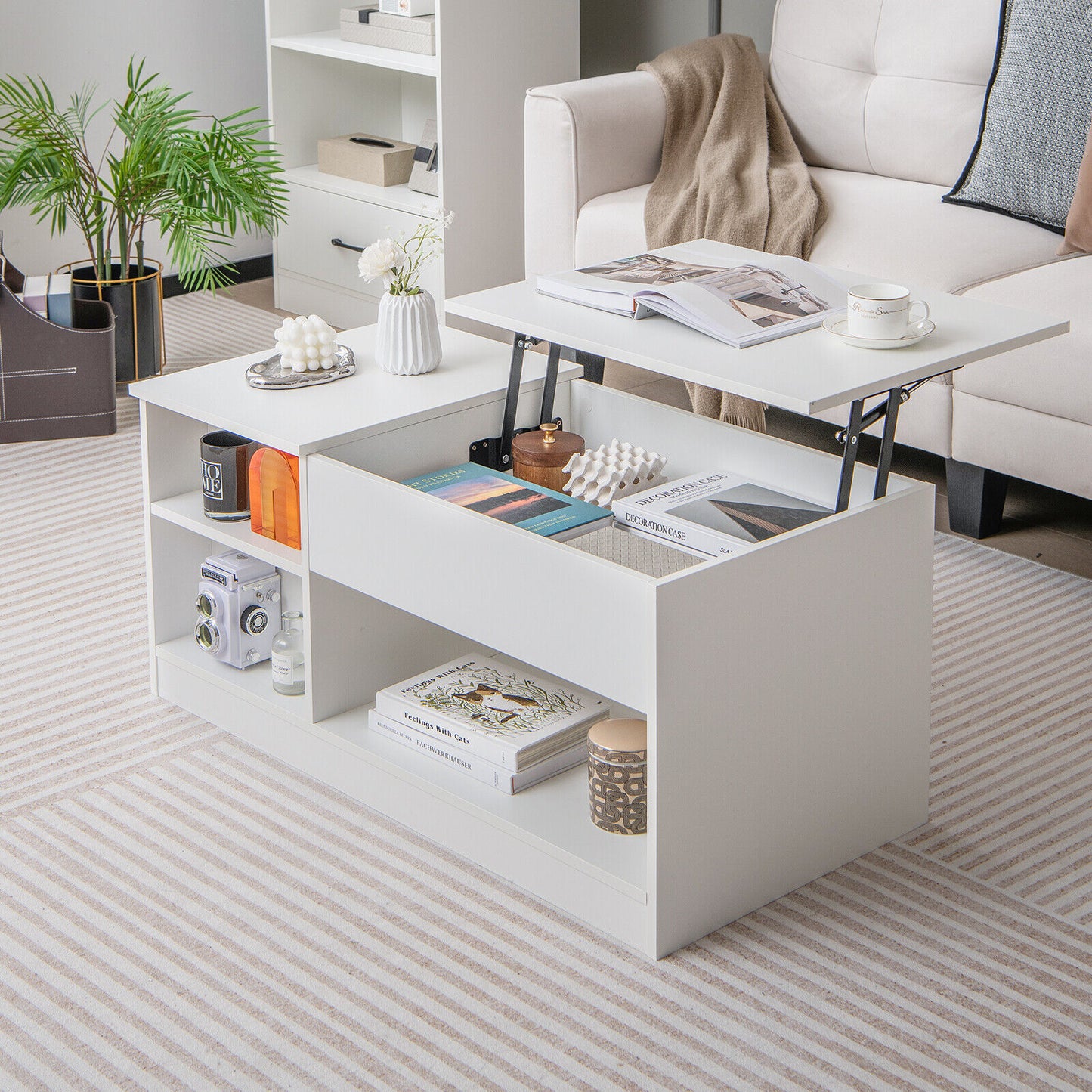 Lift-Top Modern Coffee Table with Hidden Storage, Shelves and Cabinet
