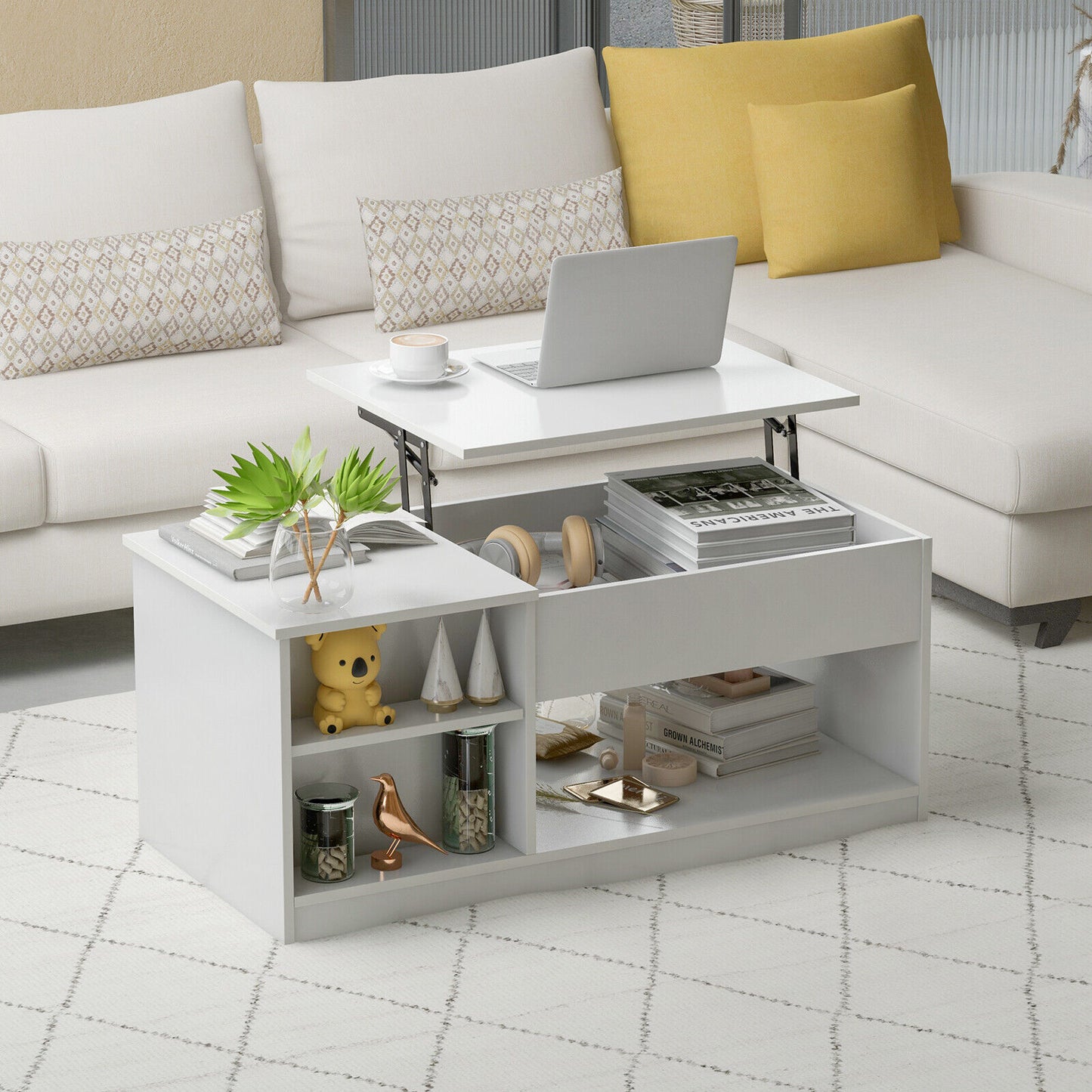Lift-Top Modern Coffee Table with Hidden Storage, Shelves and Cabinet