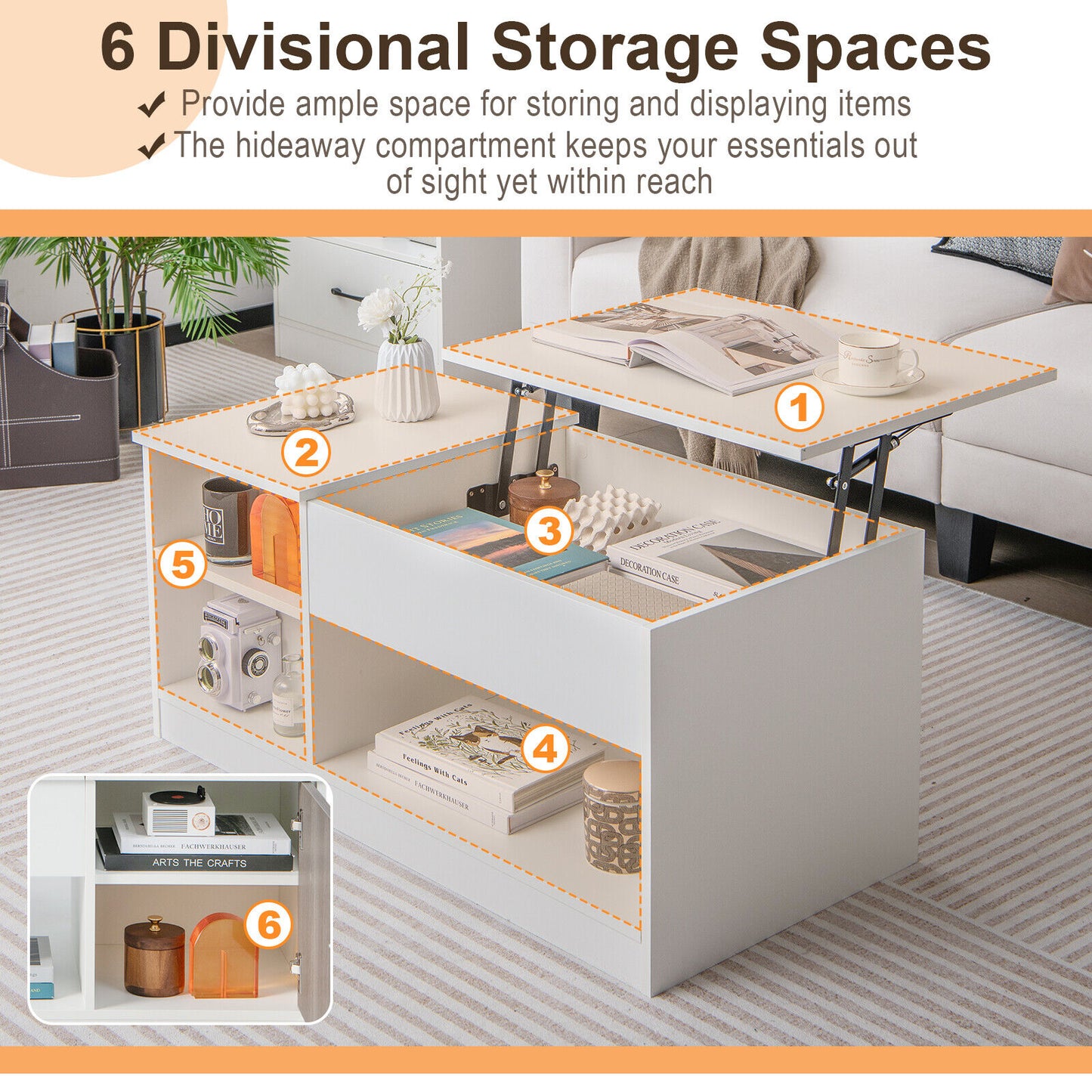 Lift-Top Modern Coffee Table with Hidden Storage, Shelves and Cabinet