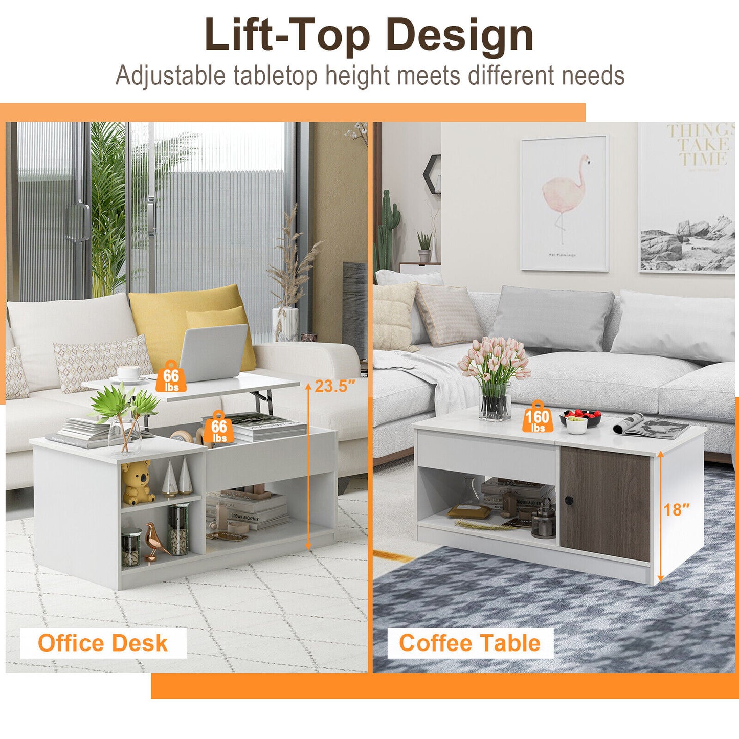 Lift-Top Modern Coffee Table with Hidden Storage, Shelves and Cabinet