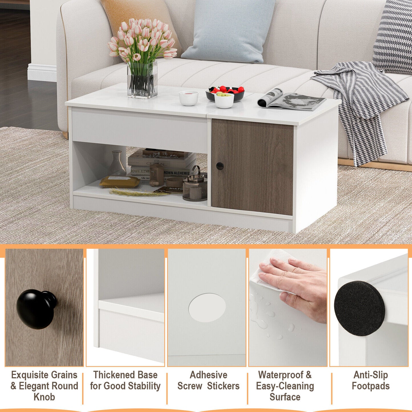 Lift-Top Modern Coffee Table with Hidden Storage, Shelves and Cabinet