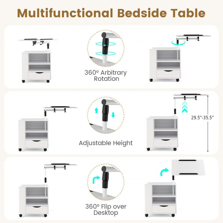 Modern Nightstand with 360 Swivel Tray, USB and Type-C Charging, and Motion Sensor LED Lights