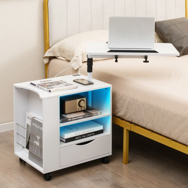 Modern Nightstand with 360 Swivel Tray, USB and Type-C Charging, and Motion Sensor LED Lights