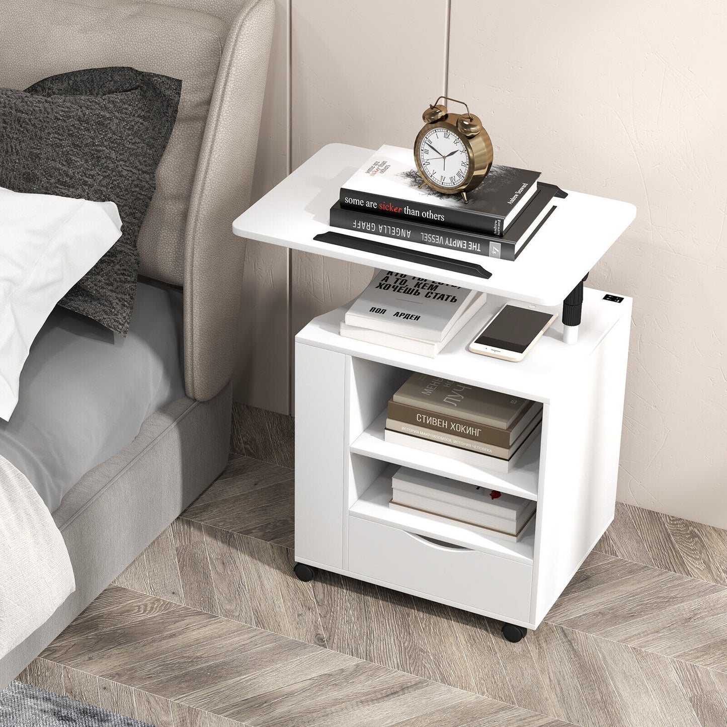 Modern Nightstand with 360 Swivel Tray, USB and Type-C Charging, and Motion Sensor LED Lights