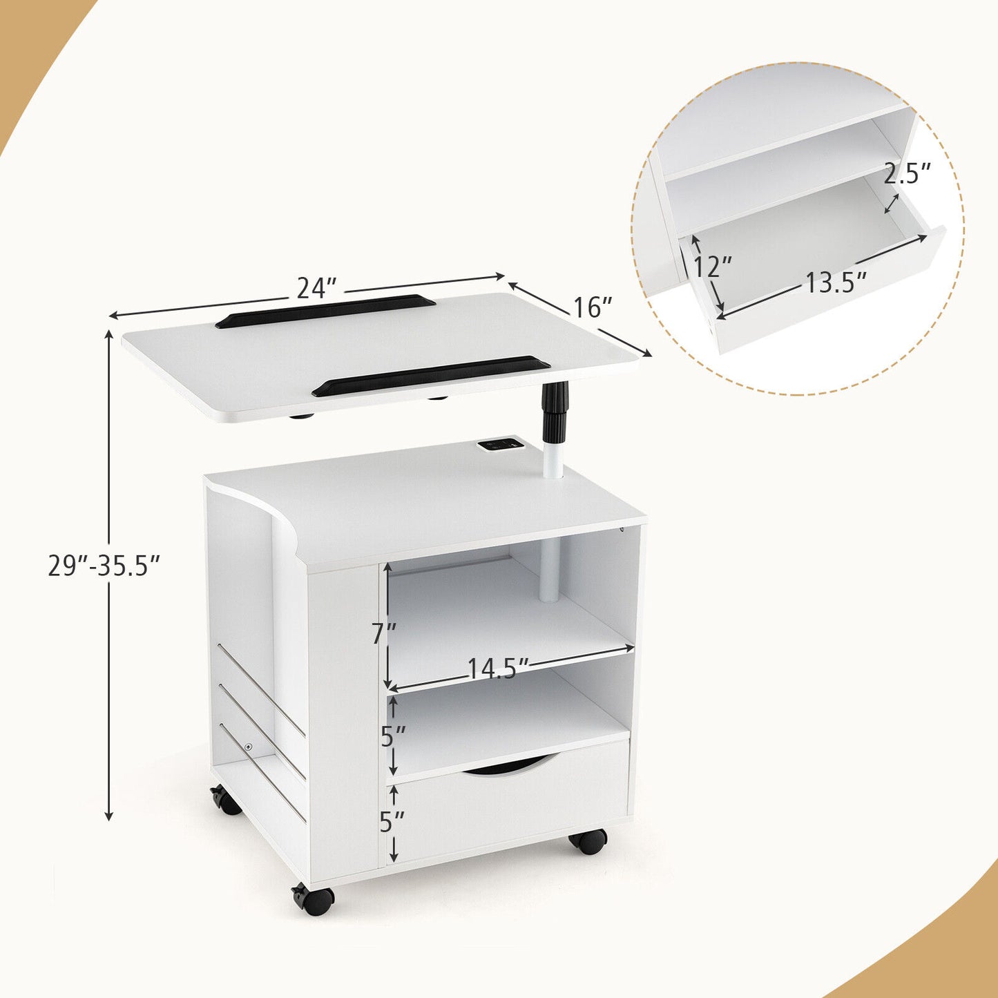 Modern Nightstand with 360 Swivel Tray, USB and Type-C Charging, and Motion Sensor LED Lights