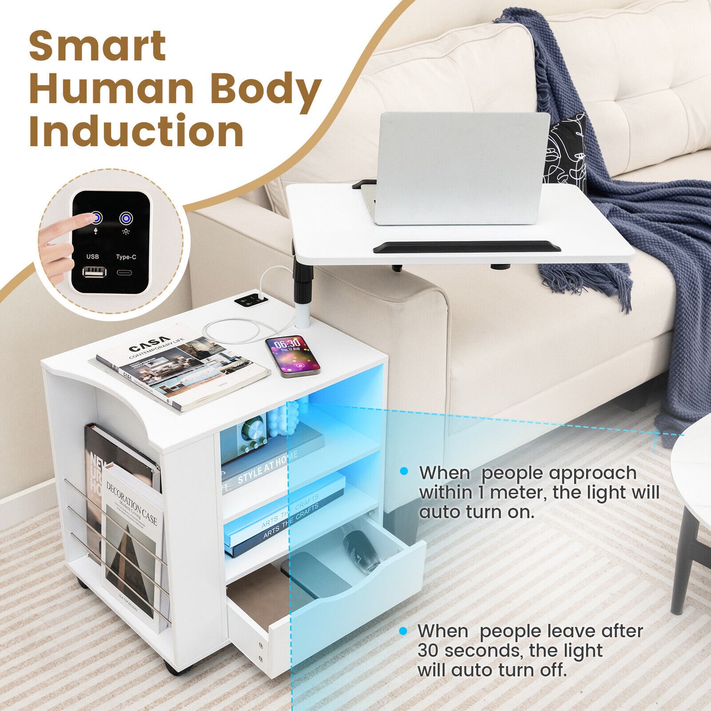 Modern Nightstand with 360 Swivel Tray, USB and Type-C Charging, and Motion Sensor LED Lights