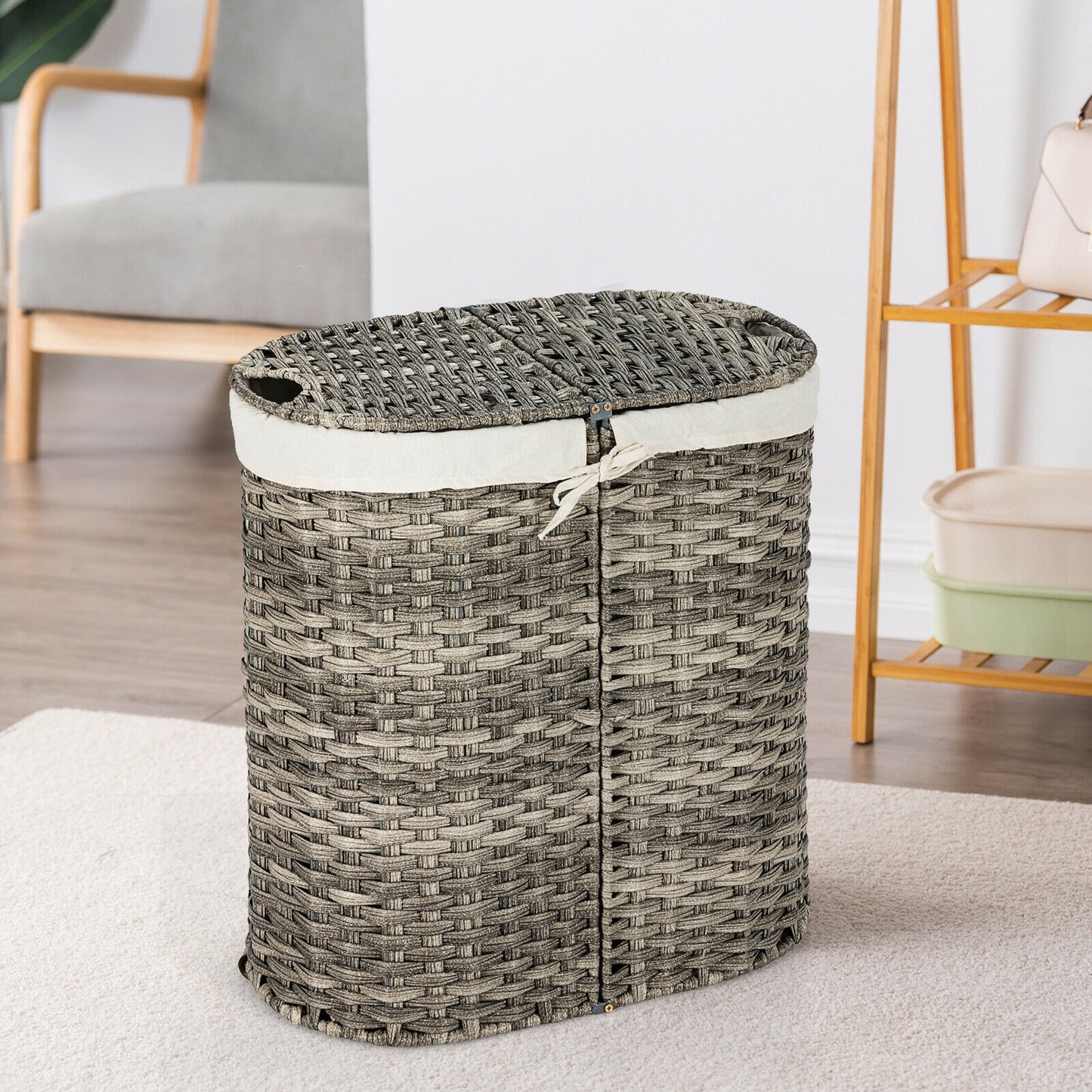Handwoven Rattan Laundry Hamper with Removable Liner Bags & Dual Compartments