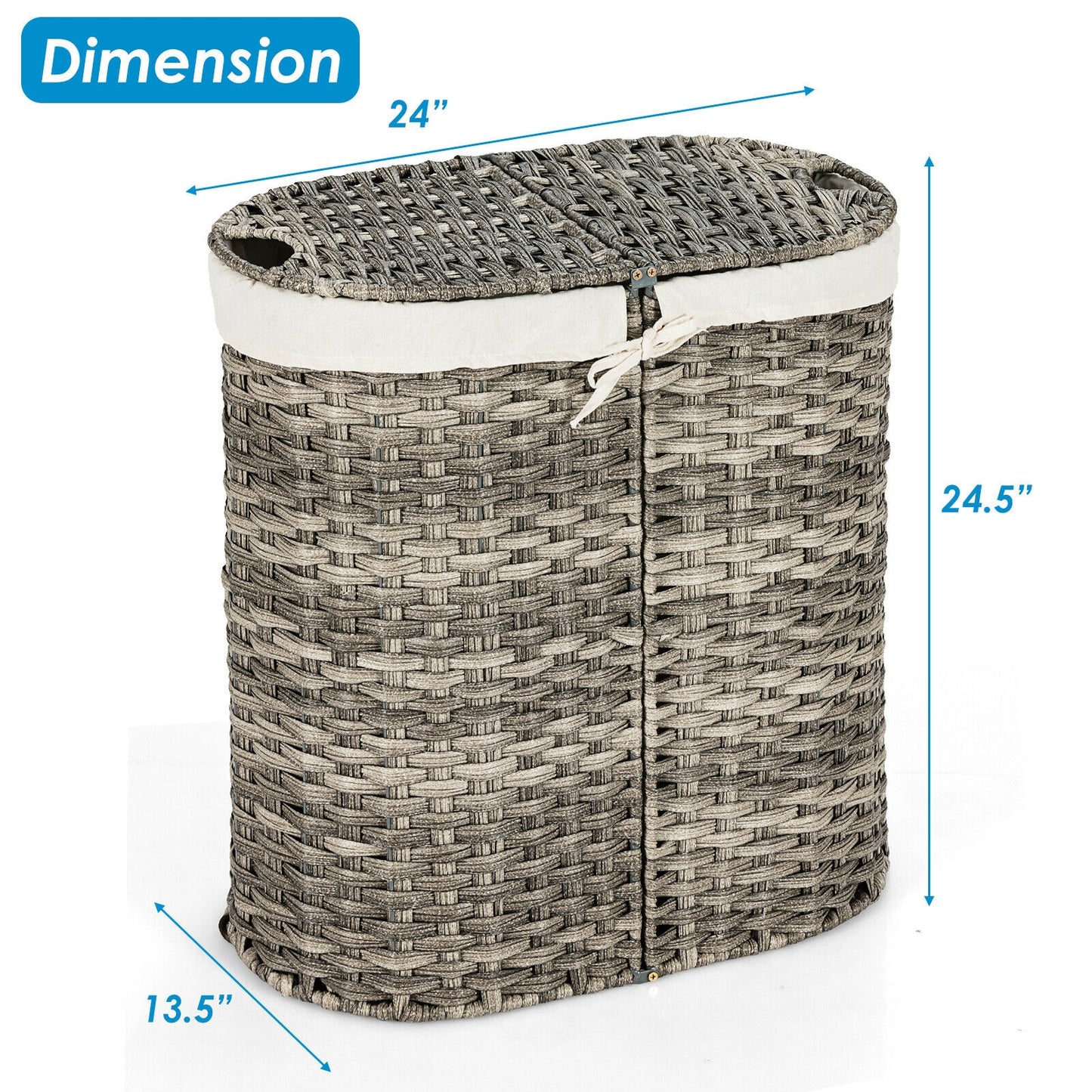 Handwoven Rattan Laundry Hamper with Removable Liner Bags & Dual Compartments