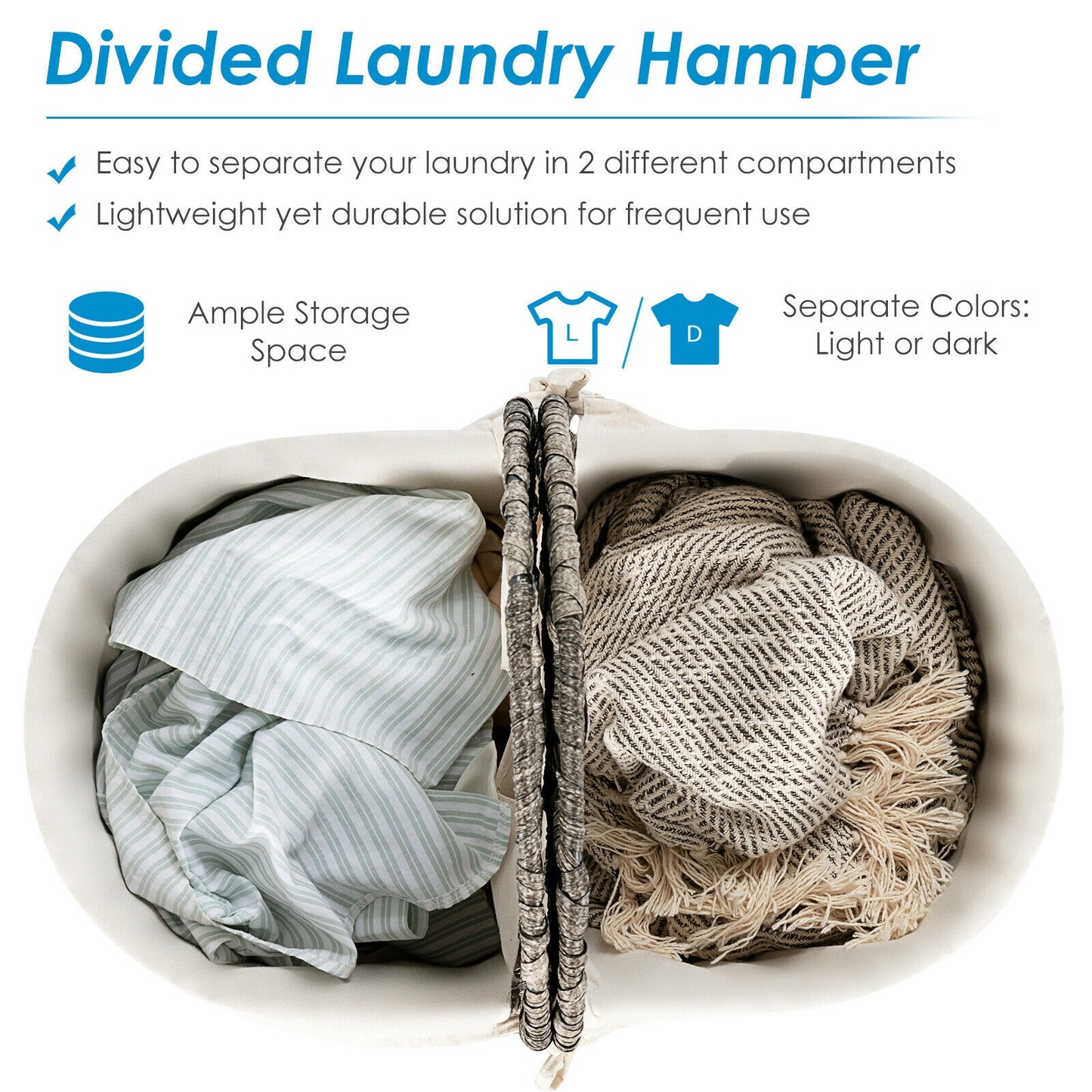 Handwoven Rattan Laundry Hamper with Removable Liner Bags & Dual Compartments