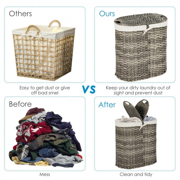 Handwoven Rattan Laundry Hamper with Removable Liner Bags & Dual Compartments