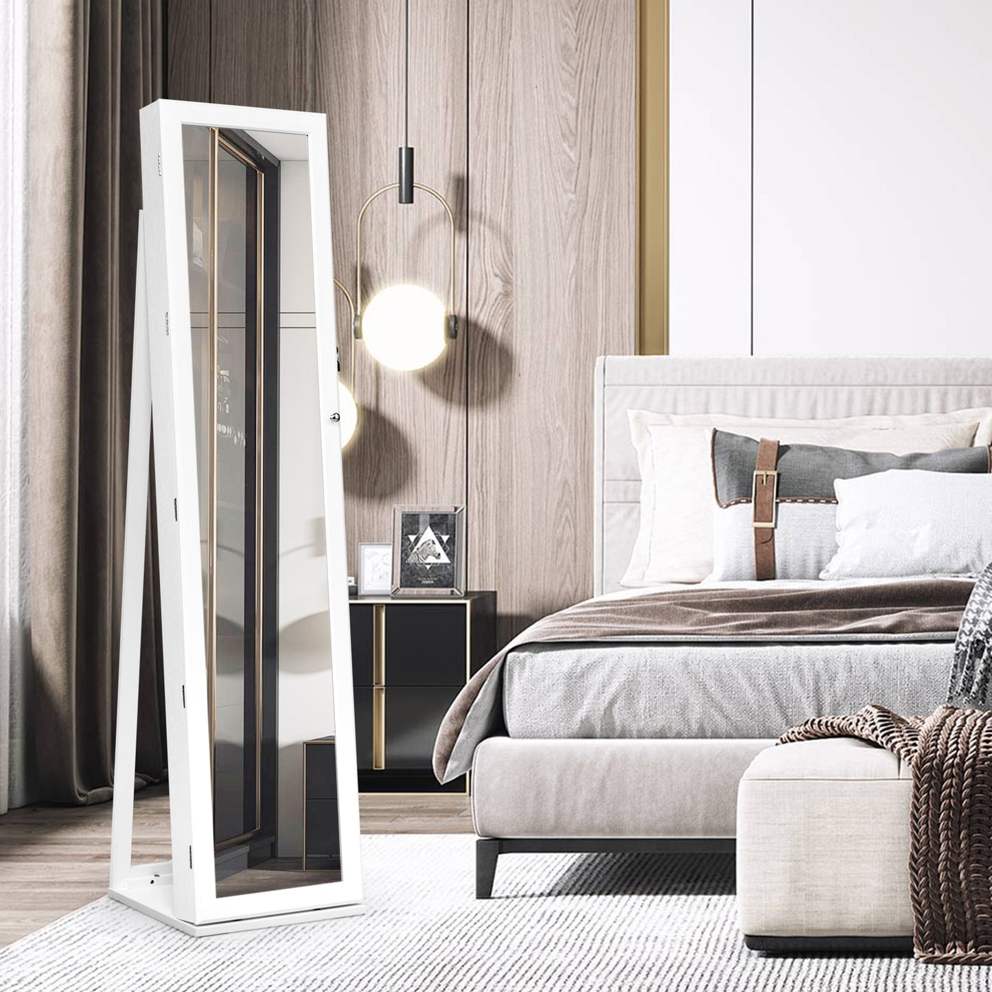 Tall Freestanding Mirror Jewelry Cabinet with Key Lock and Velvet Interior White
