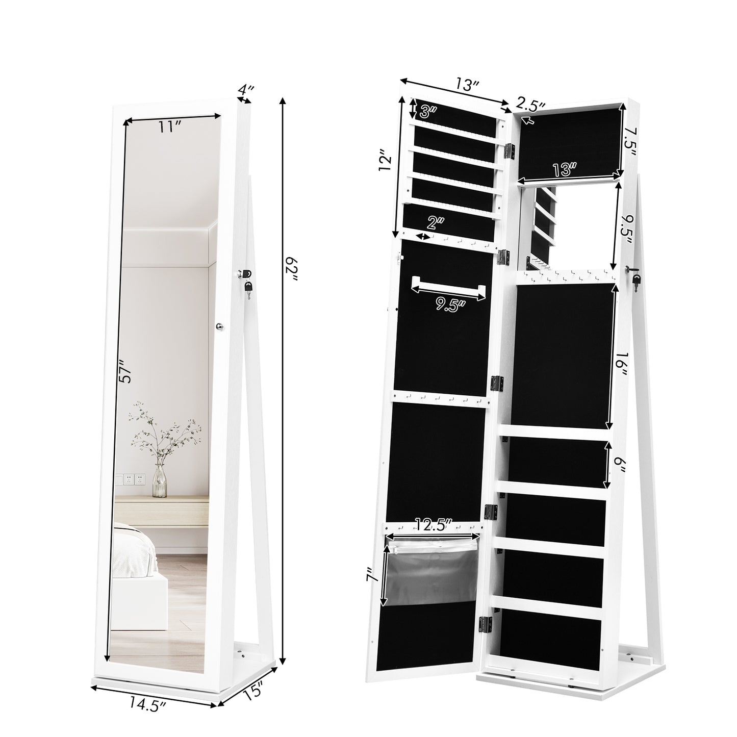 Tall Freestanding Mirror Jewelry Cabinet with Key Lock and Velvet Interior White