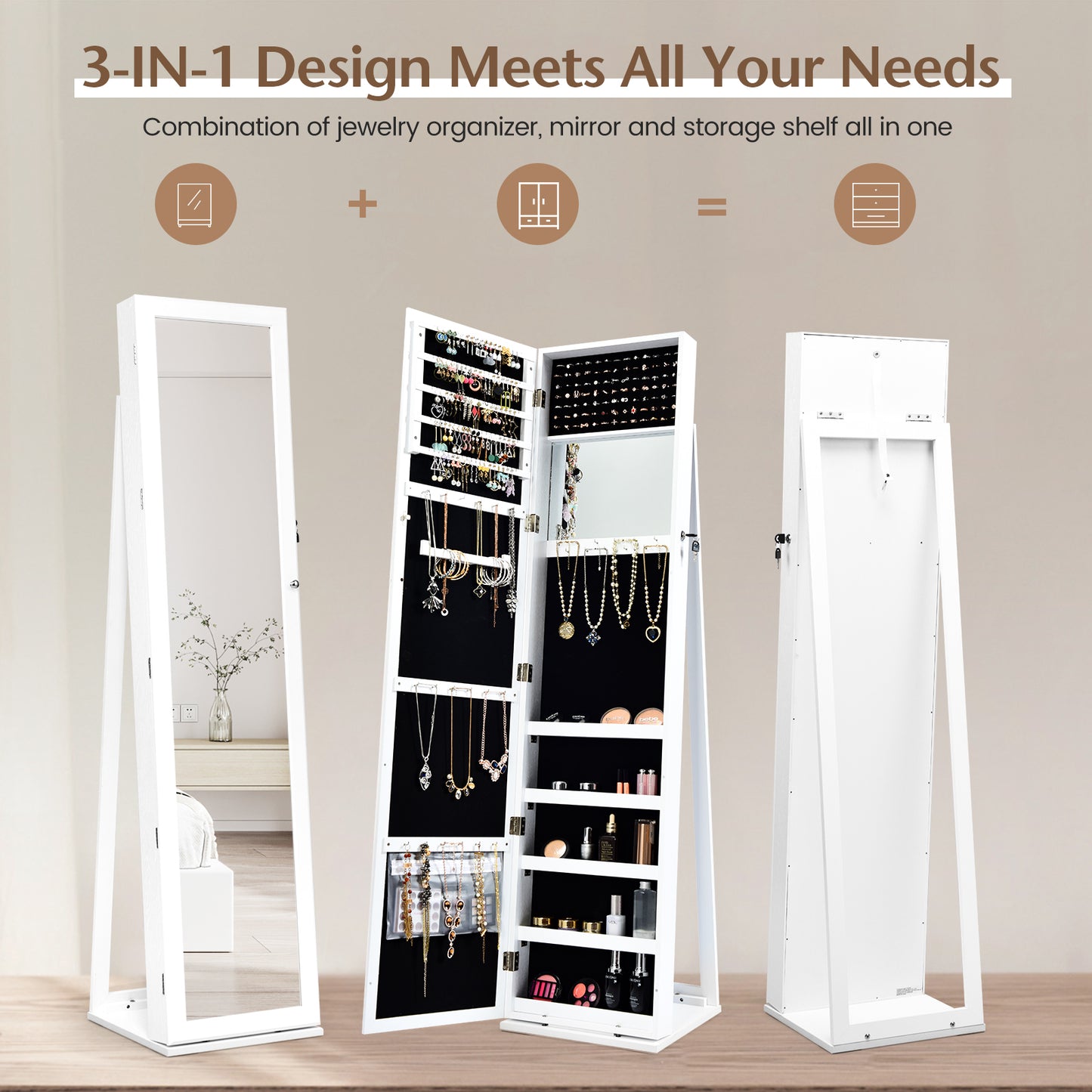 Tall Freestanding Mirror Jewelry Cabinet with Key Lock and Velvet Interior White