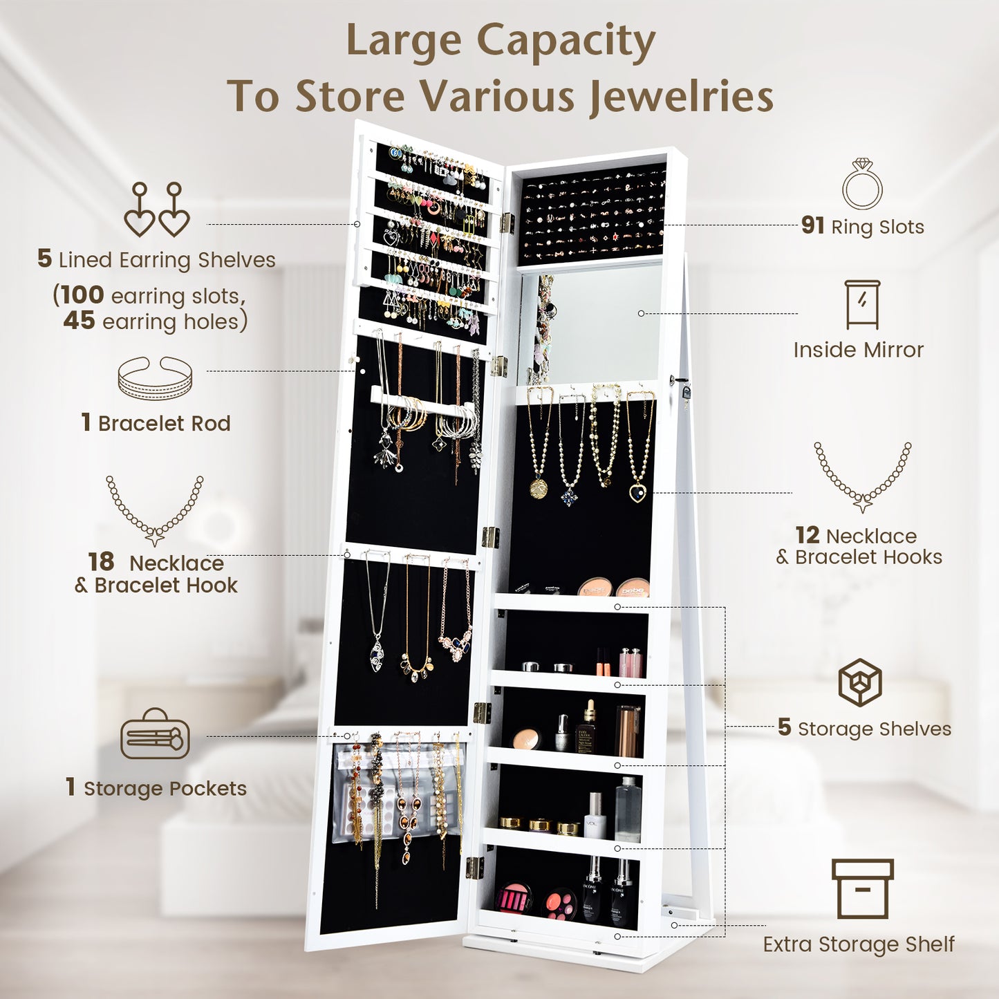 Tall Freestanding Mirror Jewelry Cabinet with Key Lock and Velvet Interior White