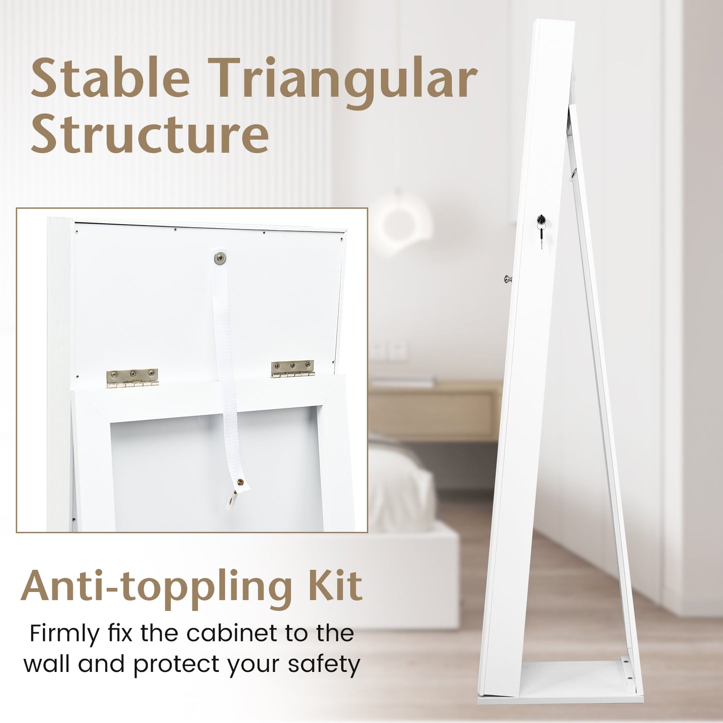 Tall Freestanding Mirror Jewelry Cabinet with Key Lock and Velvet Interior White