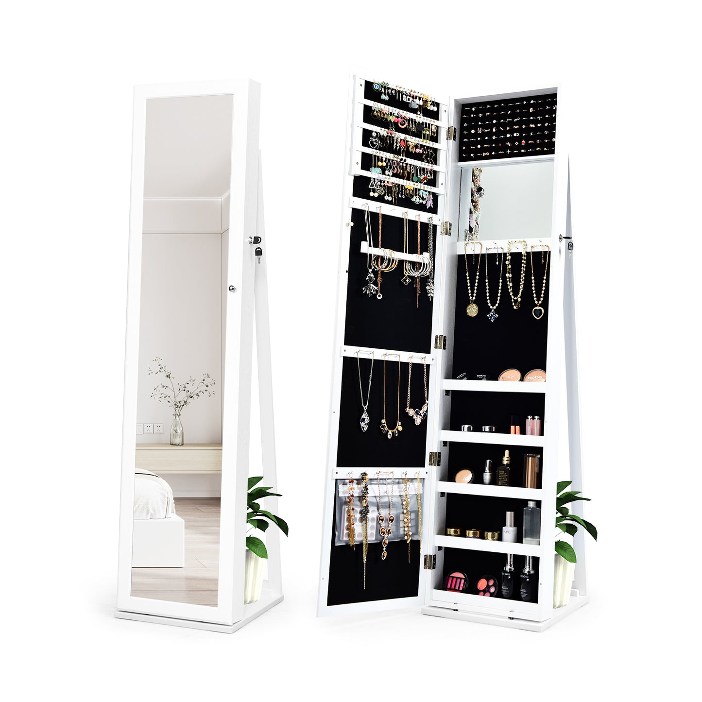 Tall Freestanding Mirror Jewelry Cabinet with Key Lock and Velvet Interior White