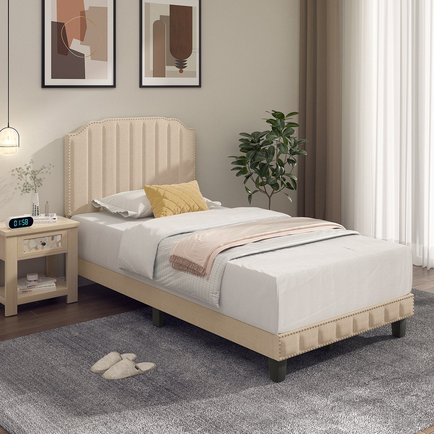 Premium Upholstered Bed Frame with Rivet Headboard - Twin Size