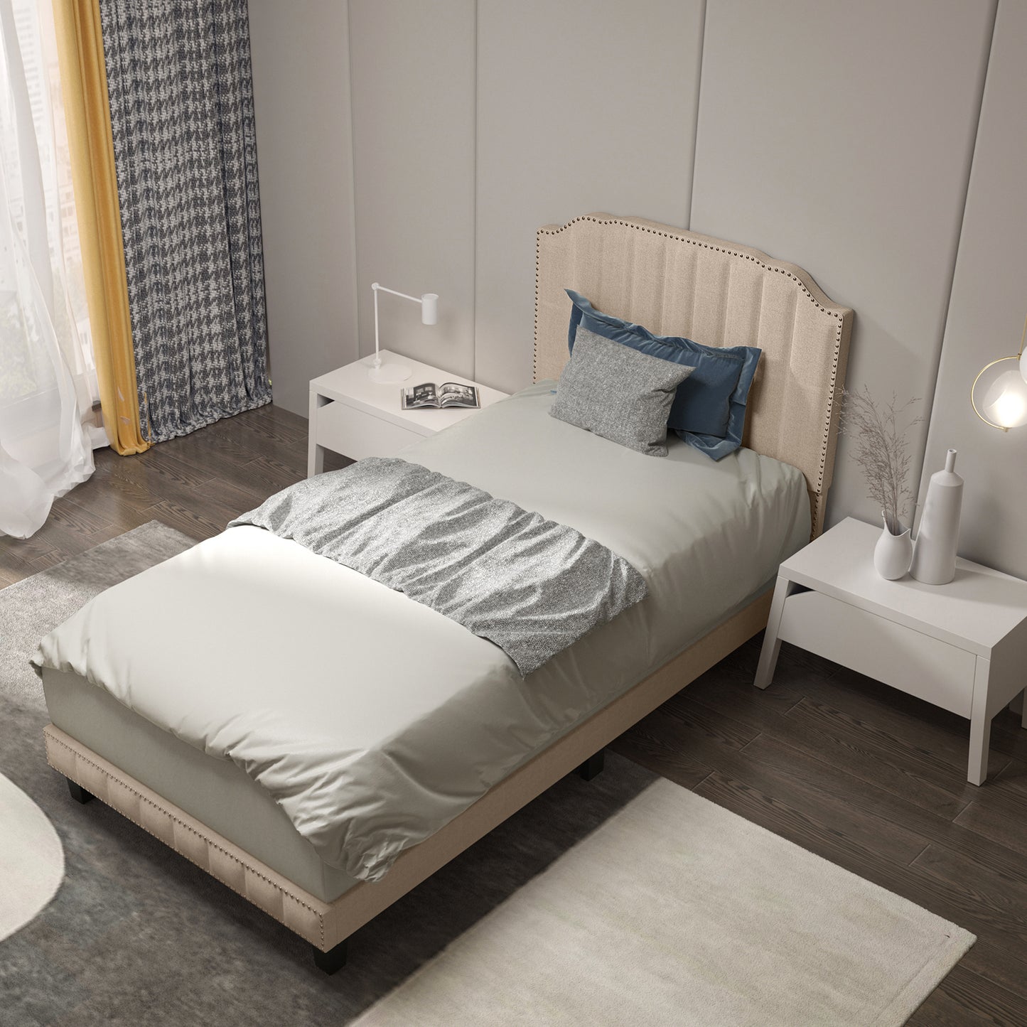 Premium Upholstered Bed Frame with Rivet Headboard - Twin Size
