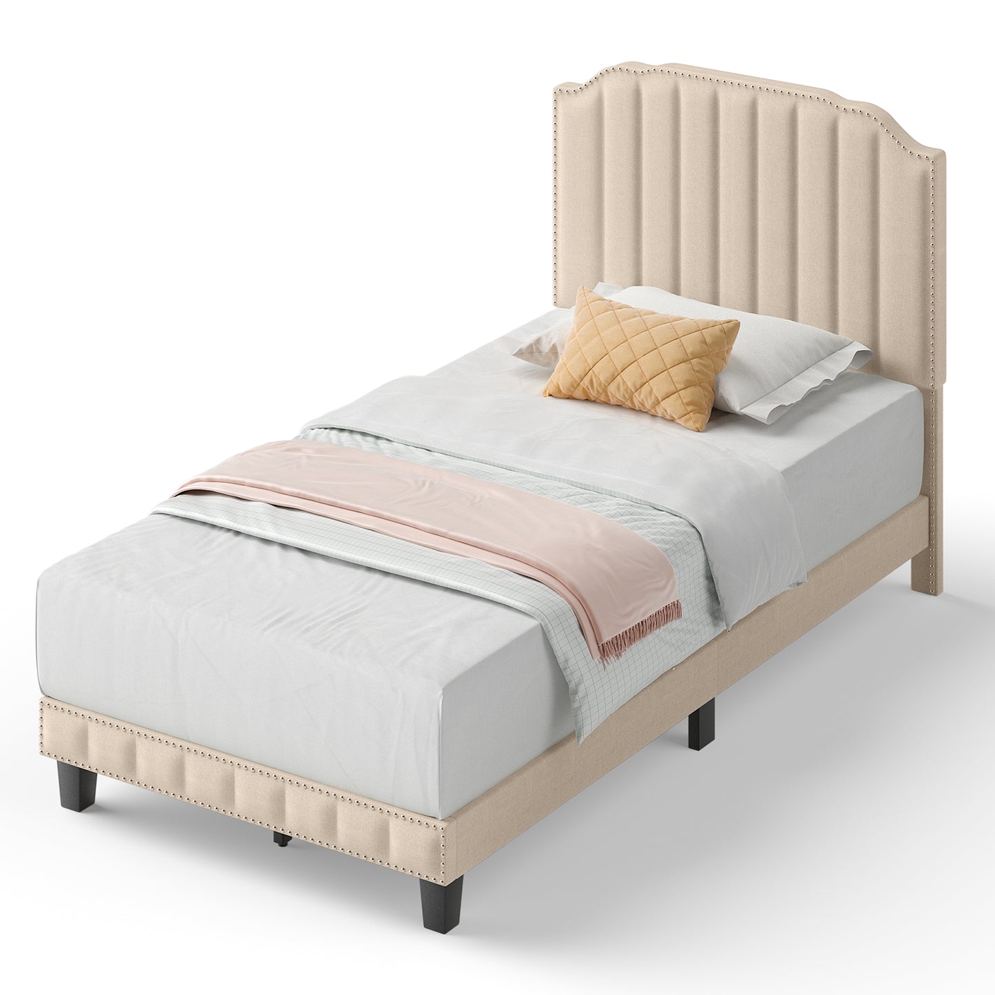 Premium Upholstered Bed Frame with Rivet Headboard - Twin Size