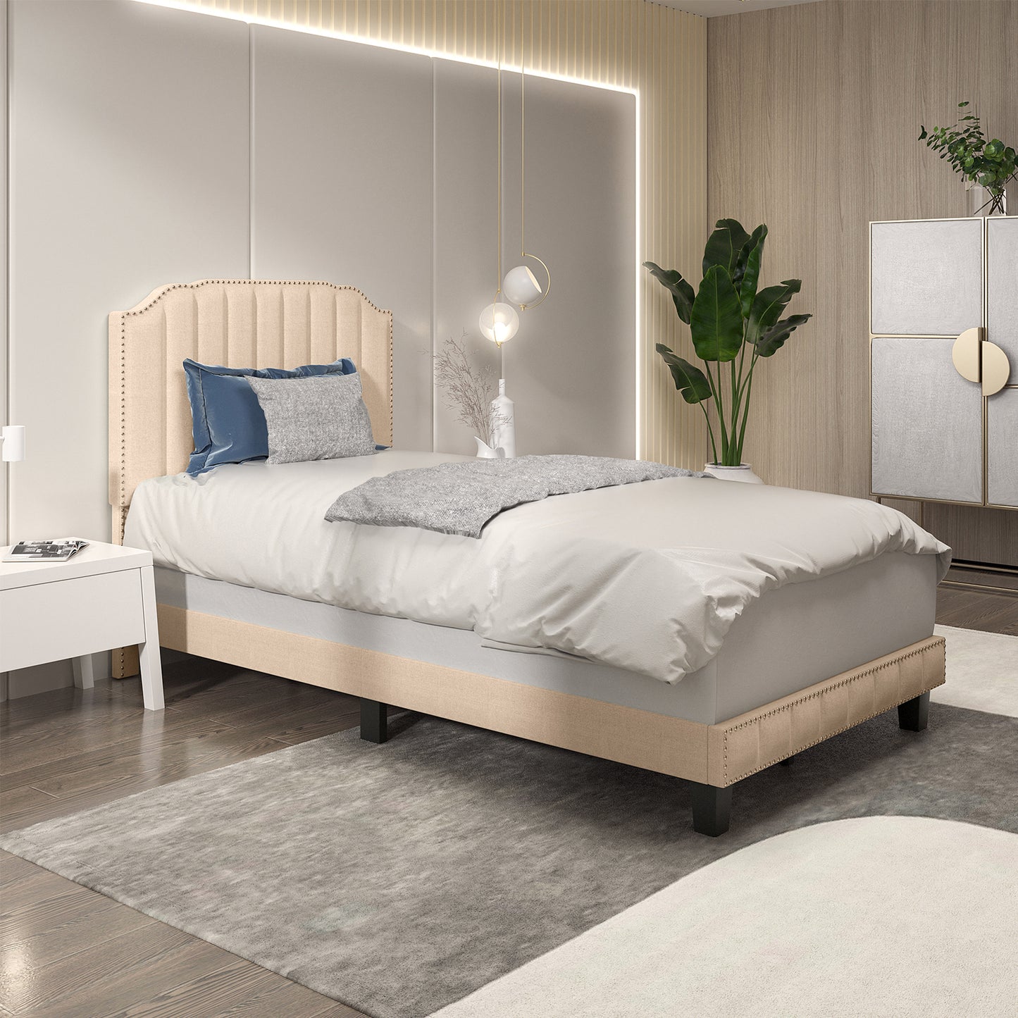 Premium Upholstered Bed Frame with Rivet Headboard - Twin Size