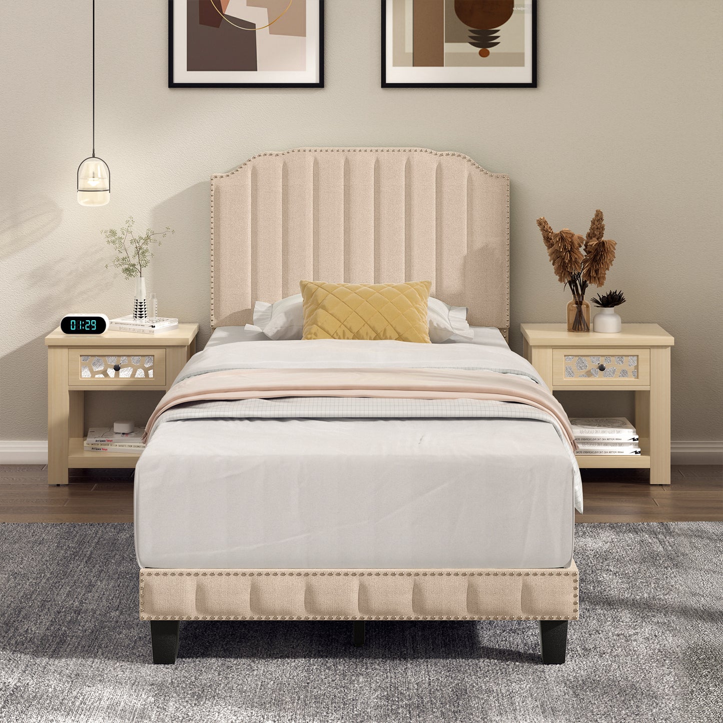 Premium Upholstered Bed Frame with Rivet Headboard - Twin Size