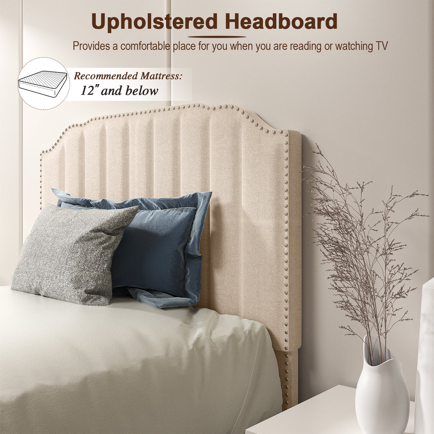 Premium Upholstered Bed Frame with Rivet Headboard - Twin Size
