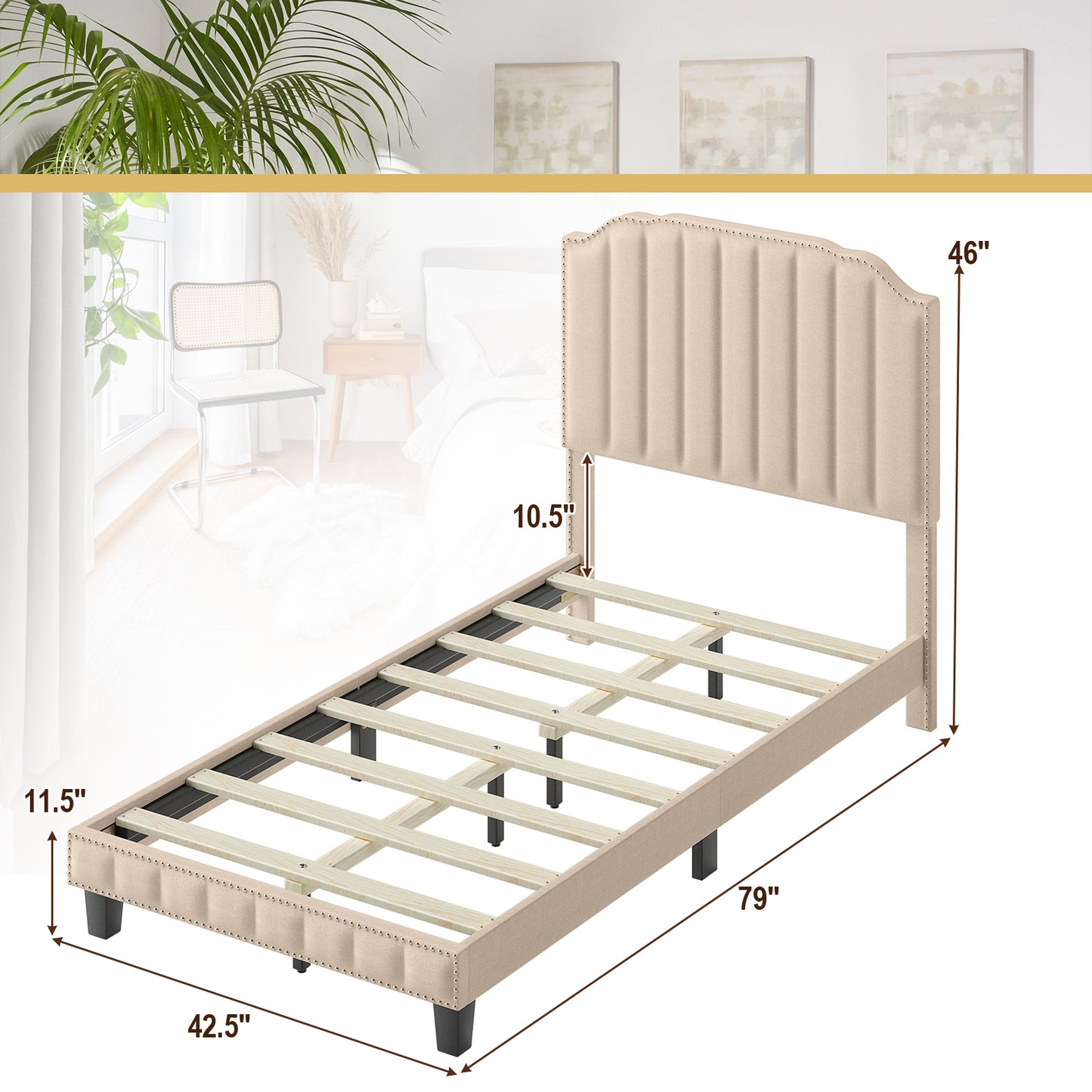 Premium Upholstered Bed Frame with Rivet Headboard - Twin Size
