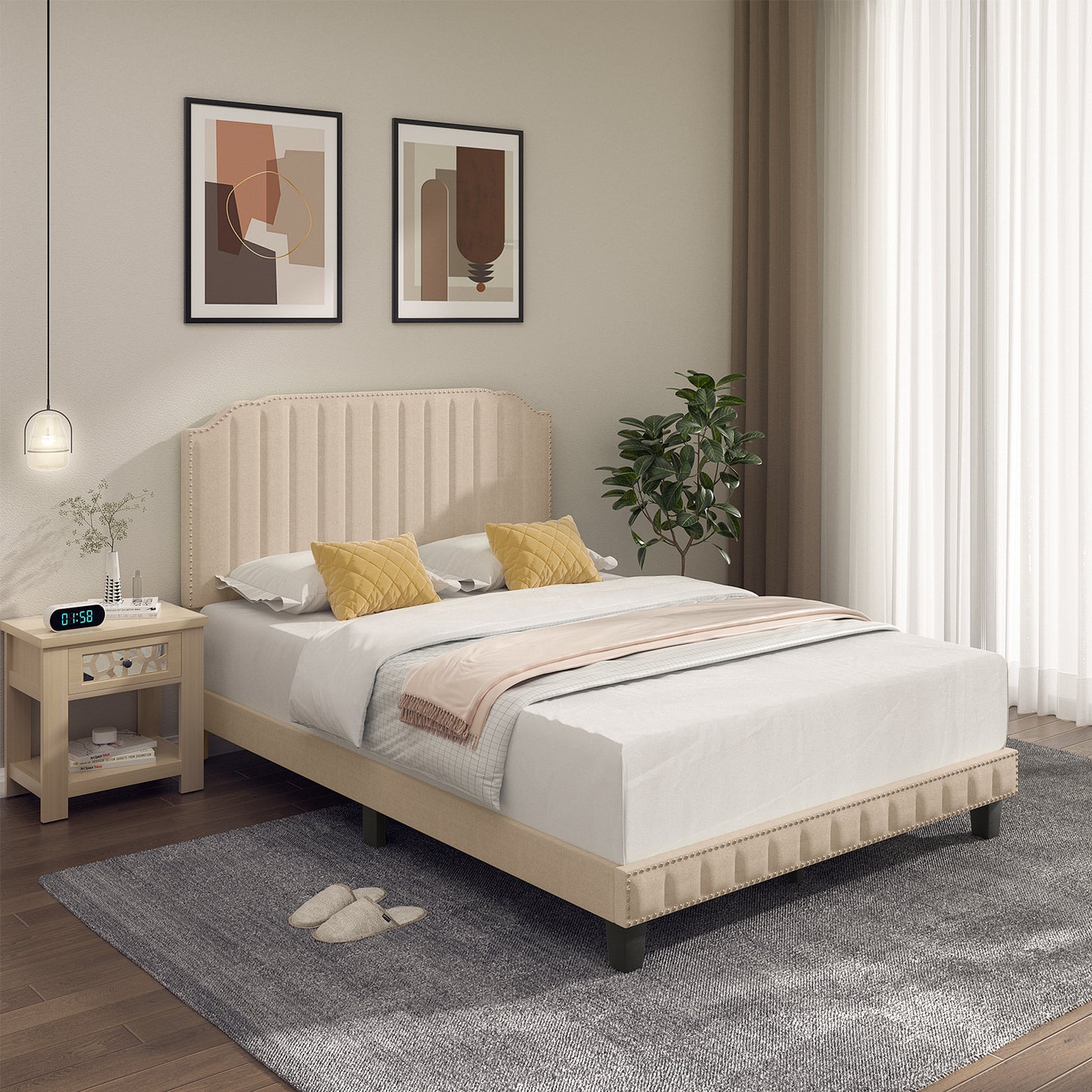 Premium Upholstered Bed Frame with Rivet Headboard - Full Size