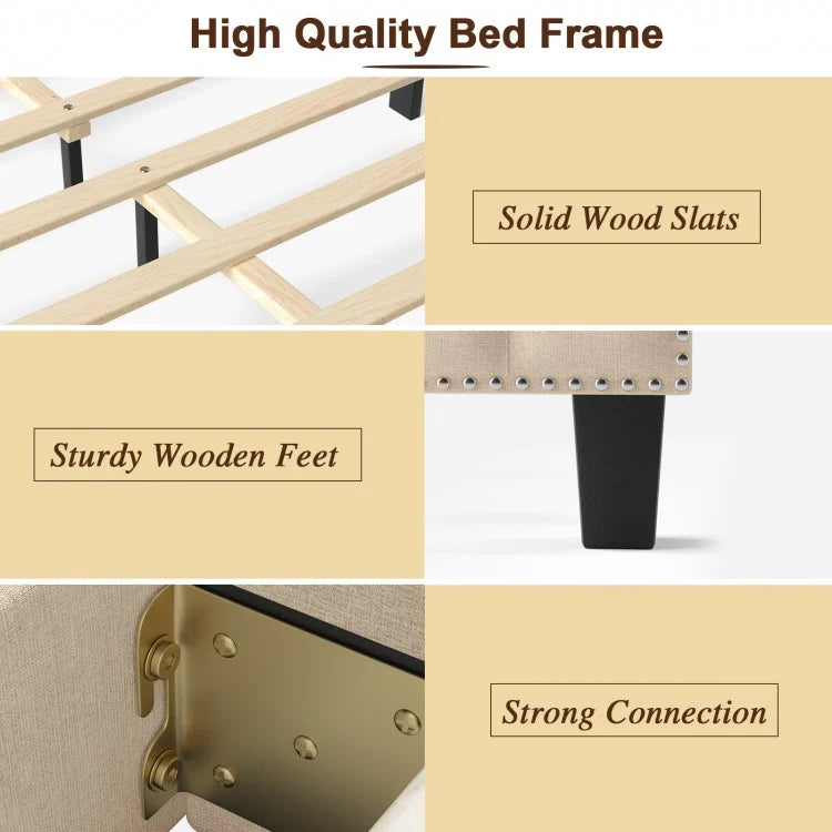 Premium Upholstered Bed Frame with Rivet Headboard - Full Size
