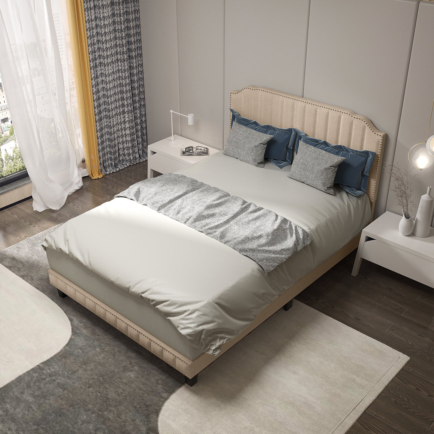 Premium Upholstered Bed Frame with Rivet Headboard - Full Size