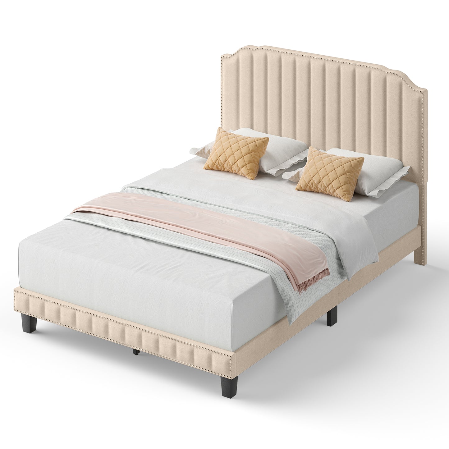 Premium Upholstered Bed Frame with Rivet Headboard - Full Size