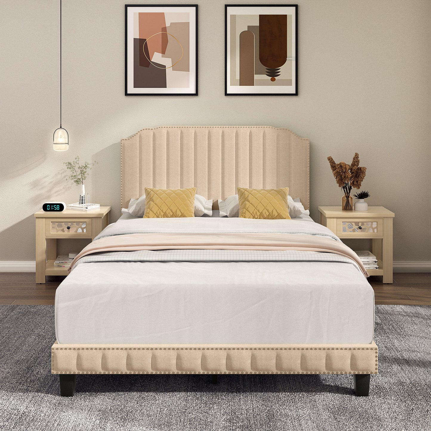 Premium Upholstered Bed Frame with Rivet Headboard - Full Size