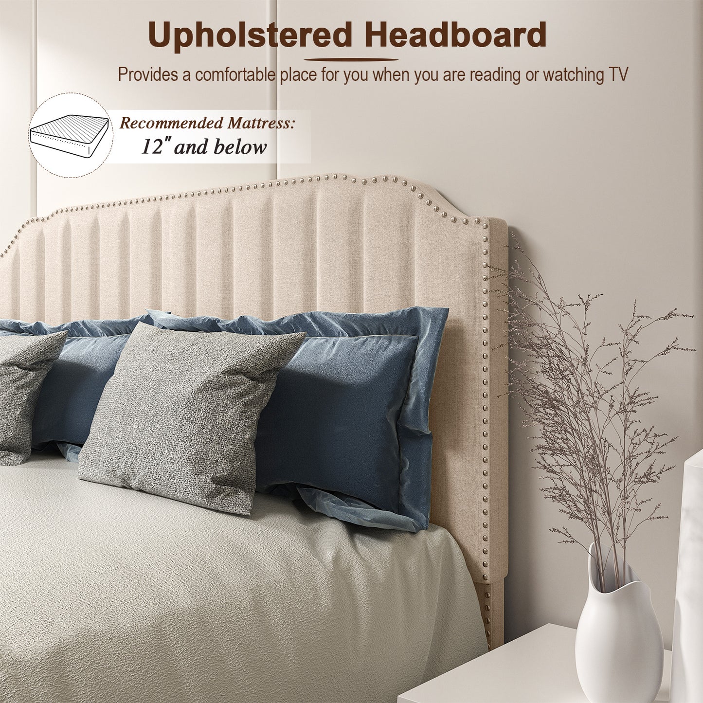 Premium Upholstered Bed Frame with Rivet Headboard - Full Size