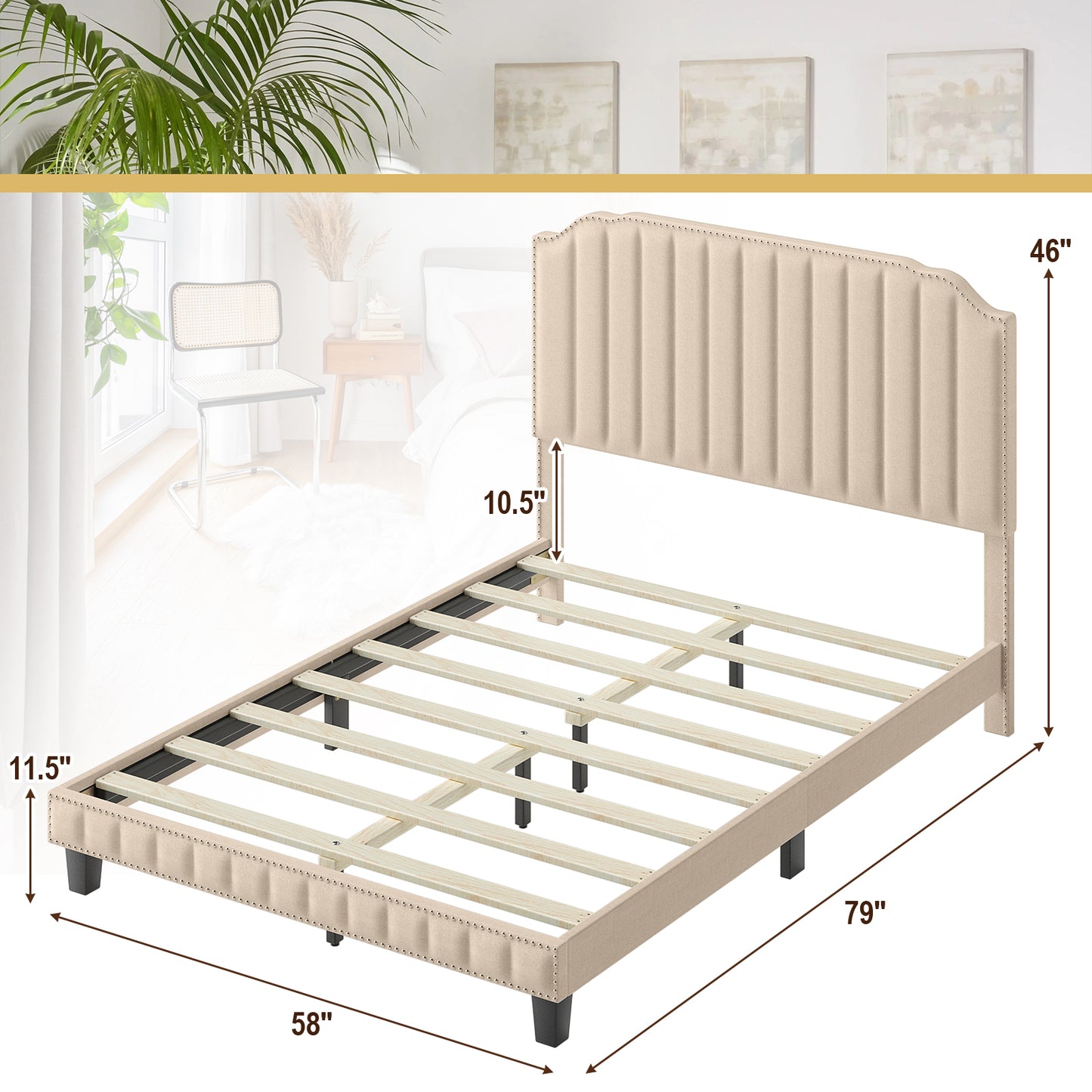 Premium Upholstered Bed Frame with Rivet Headboard - Full Size