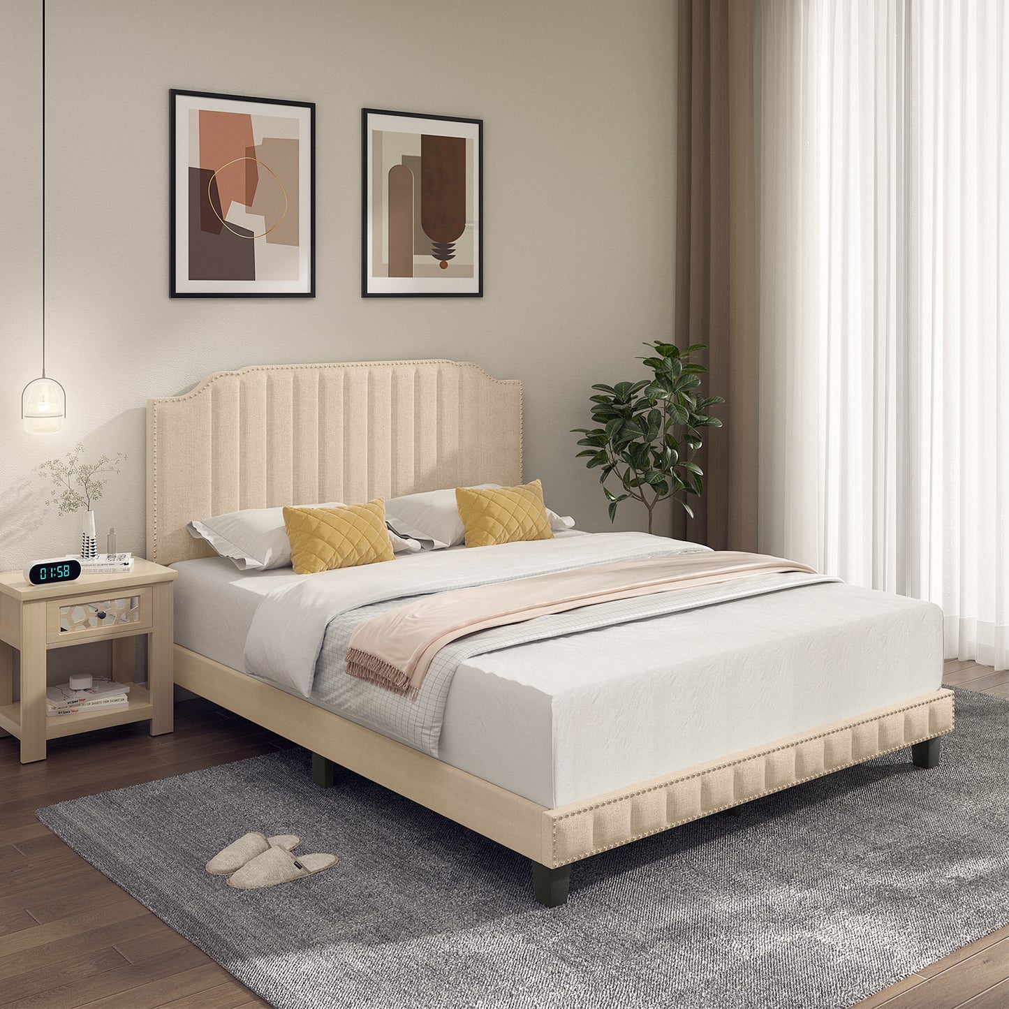 Premium Upholstered Bed Frame with Rivet Headboard - Queen Size