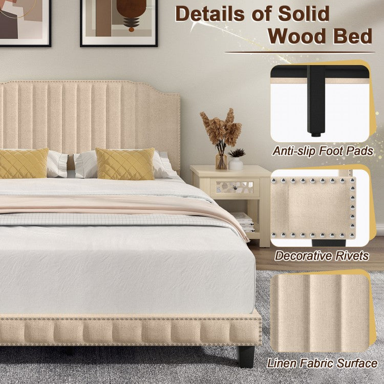 Premium Upholstered Bed Frame with Rivet Headboard - Queen Size