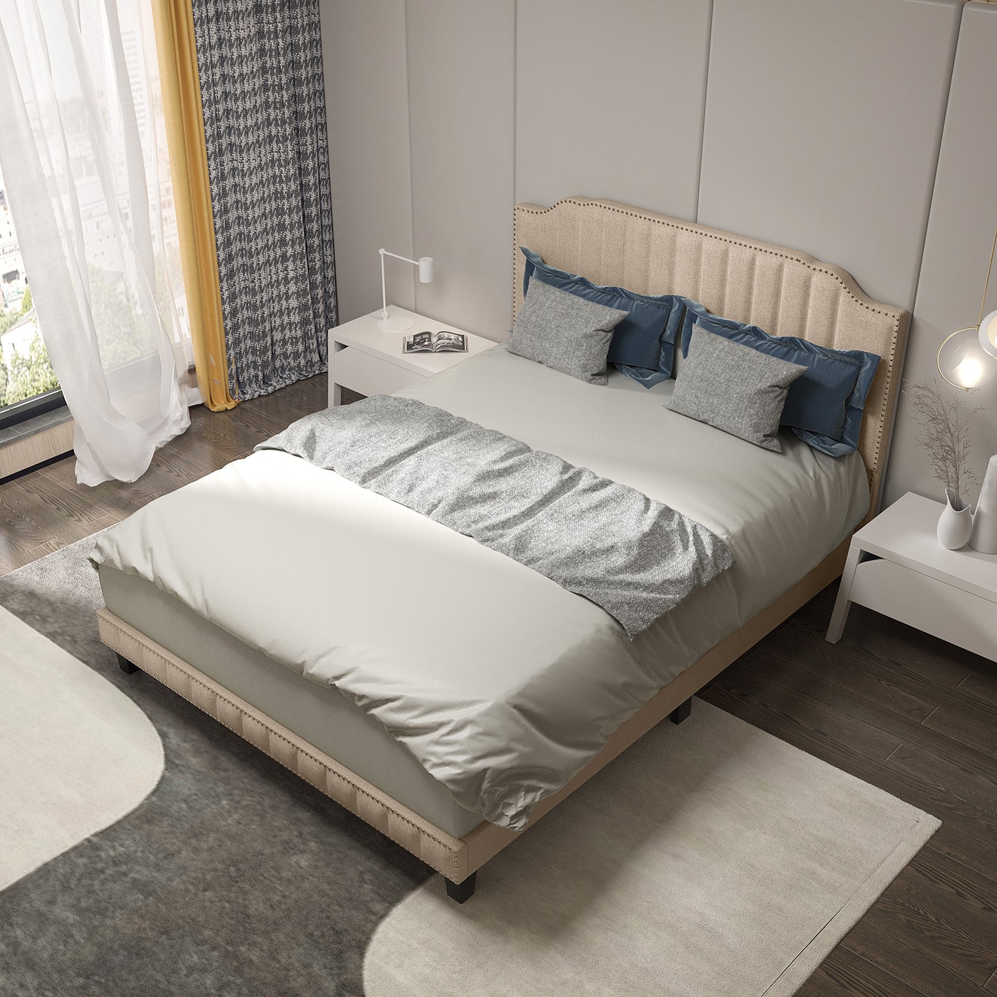 Premium Upholstered Bed Frame with Rivet Headboard - Queen Size