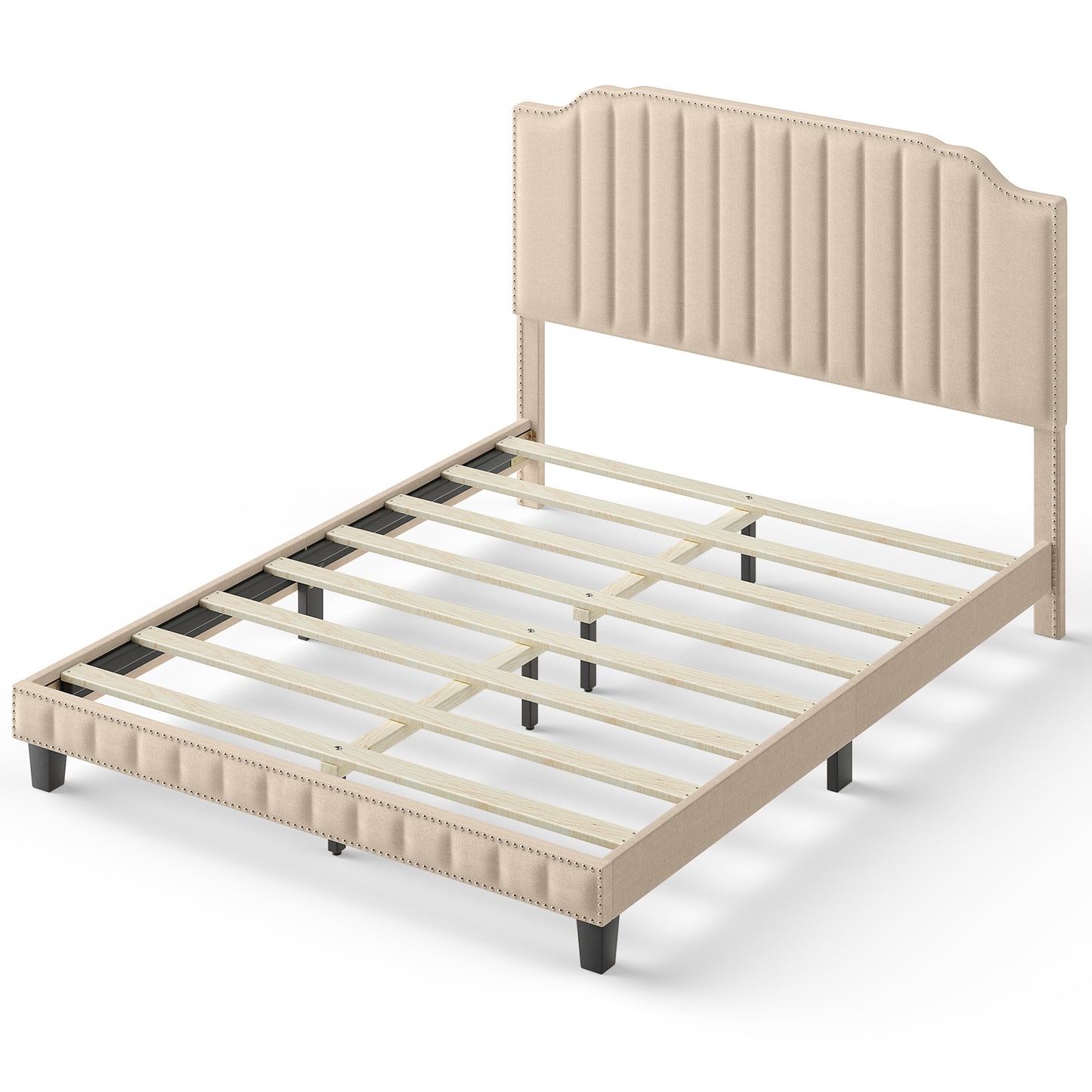 Premium Upholstered Bed Frame with Rivet Headboard - Queen Size