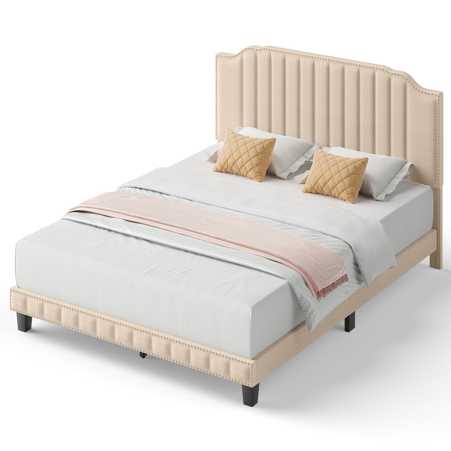 Premium Upholstered Bed Frame with Rivet Headboard - Queen Size