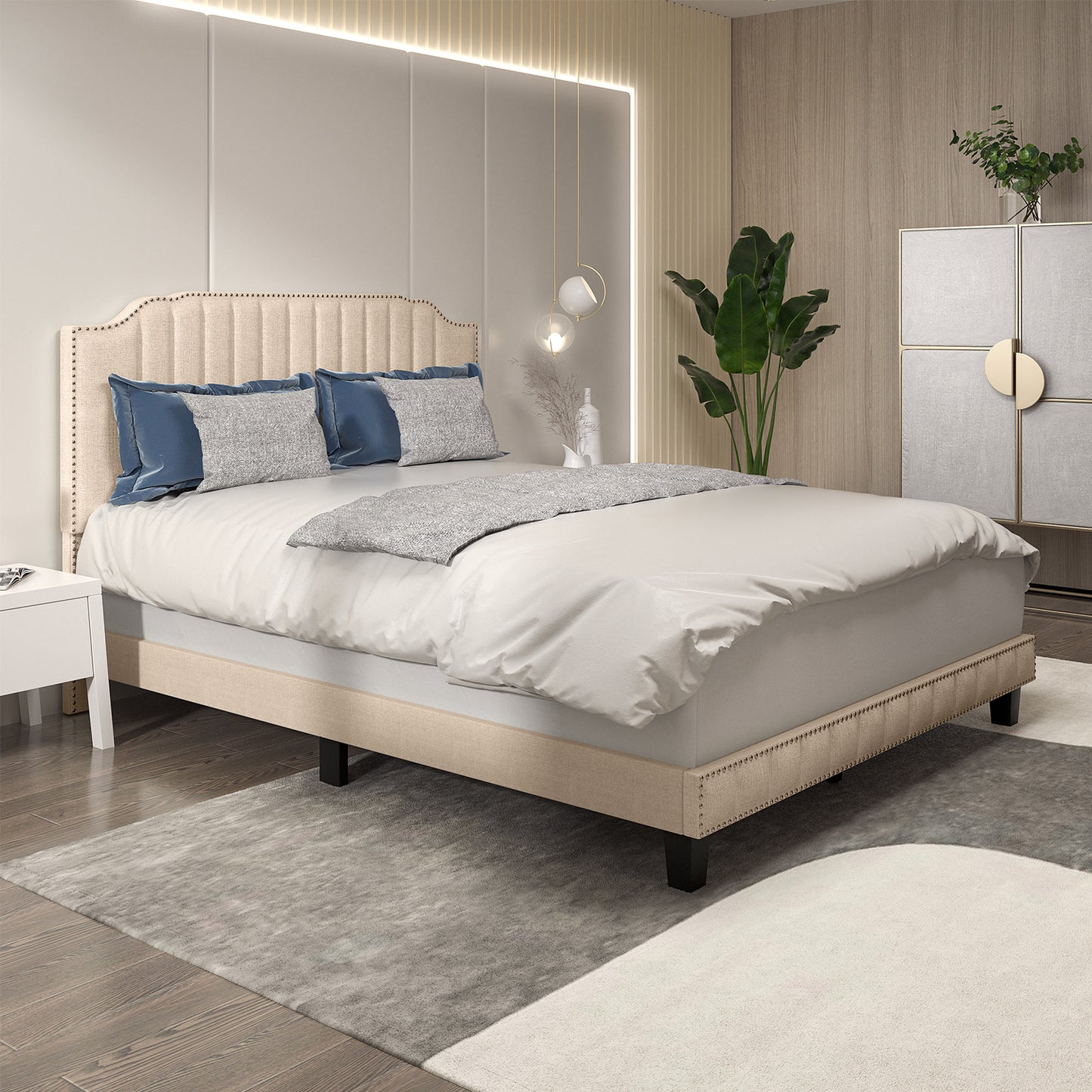 Premium Upholstered Bed Frame with Rivet Headboard - Queen Size