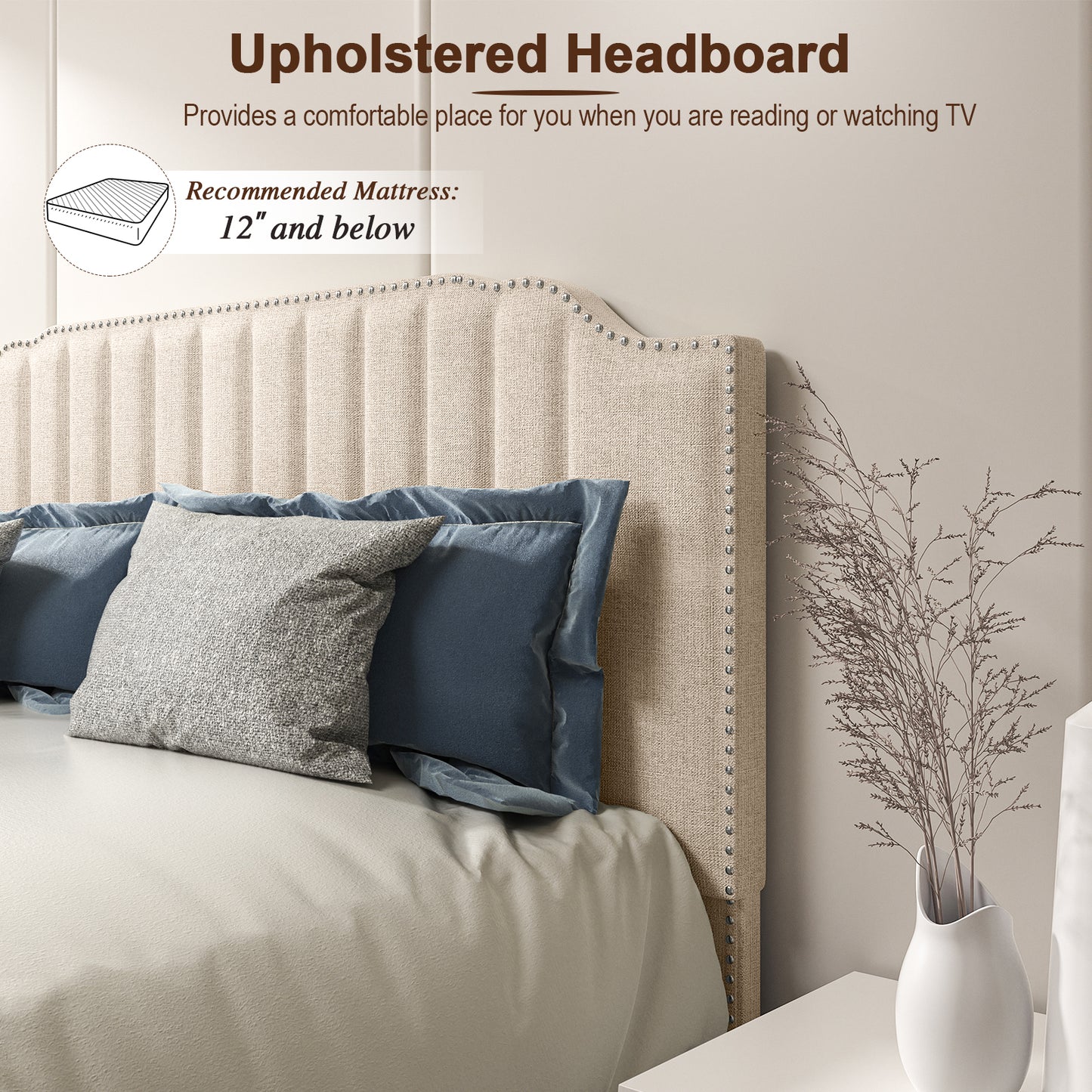 Premium Upholstered Bed Frame with Rivet Headboard - Queen Size